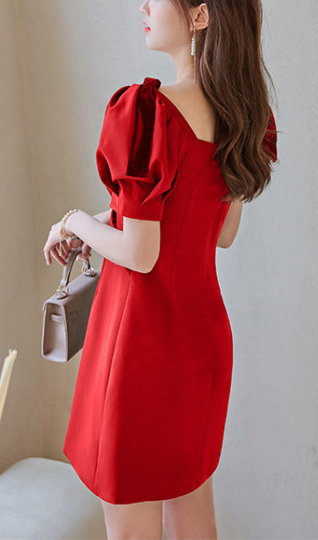 VELVET PUFF SLEEVE TIERED MINI DRESS RED