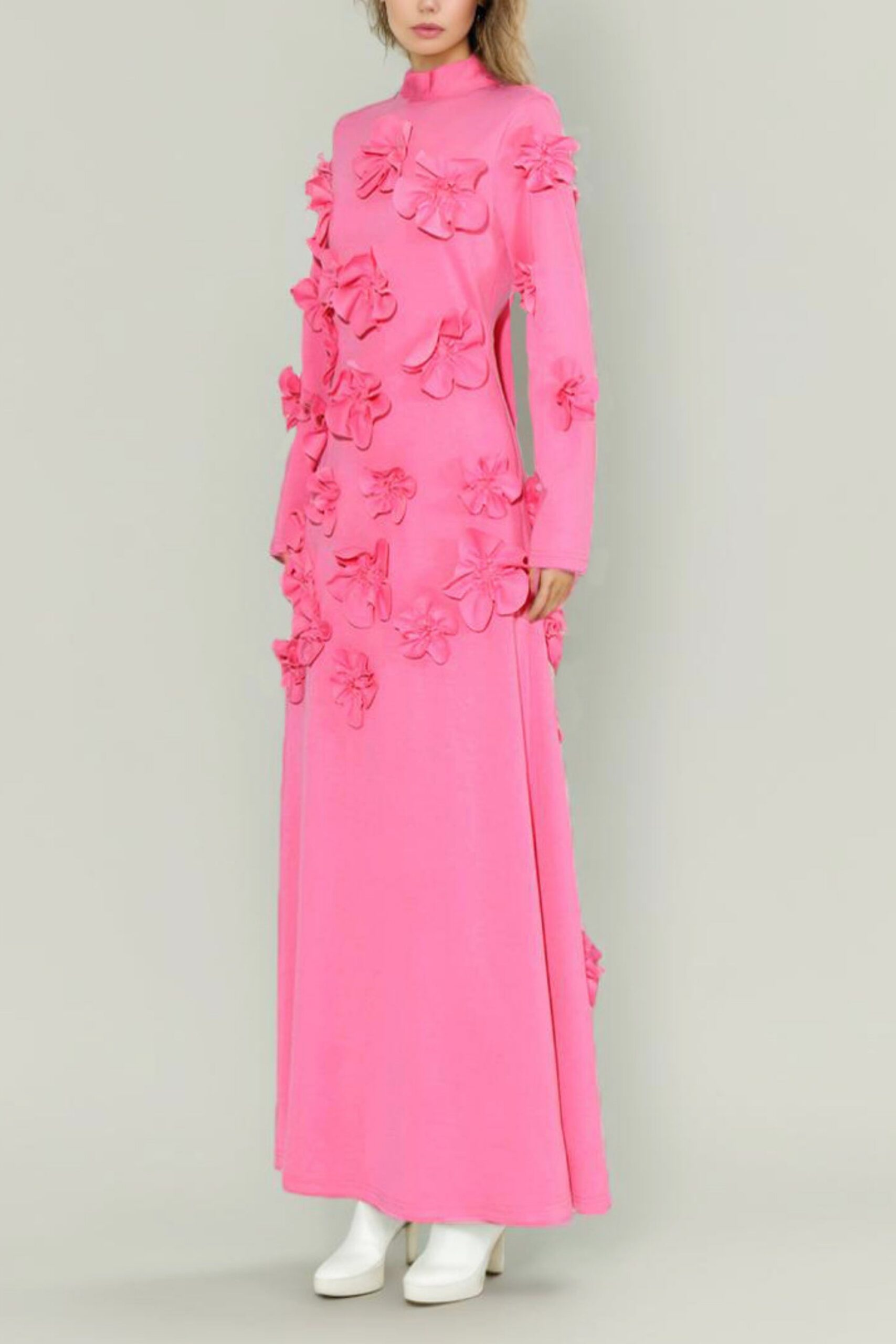 3D FLOWER STAND COLLAR LONG SLEEVE MIDI DRESS