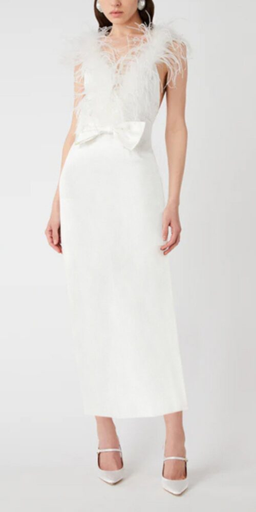 Feather bow backless midi dresses in white