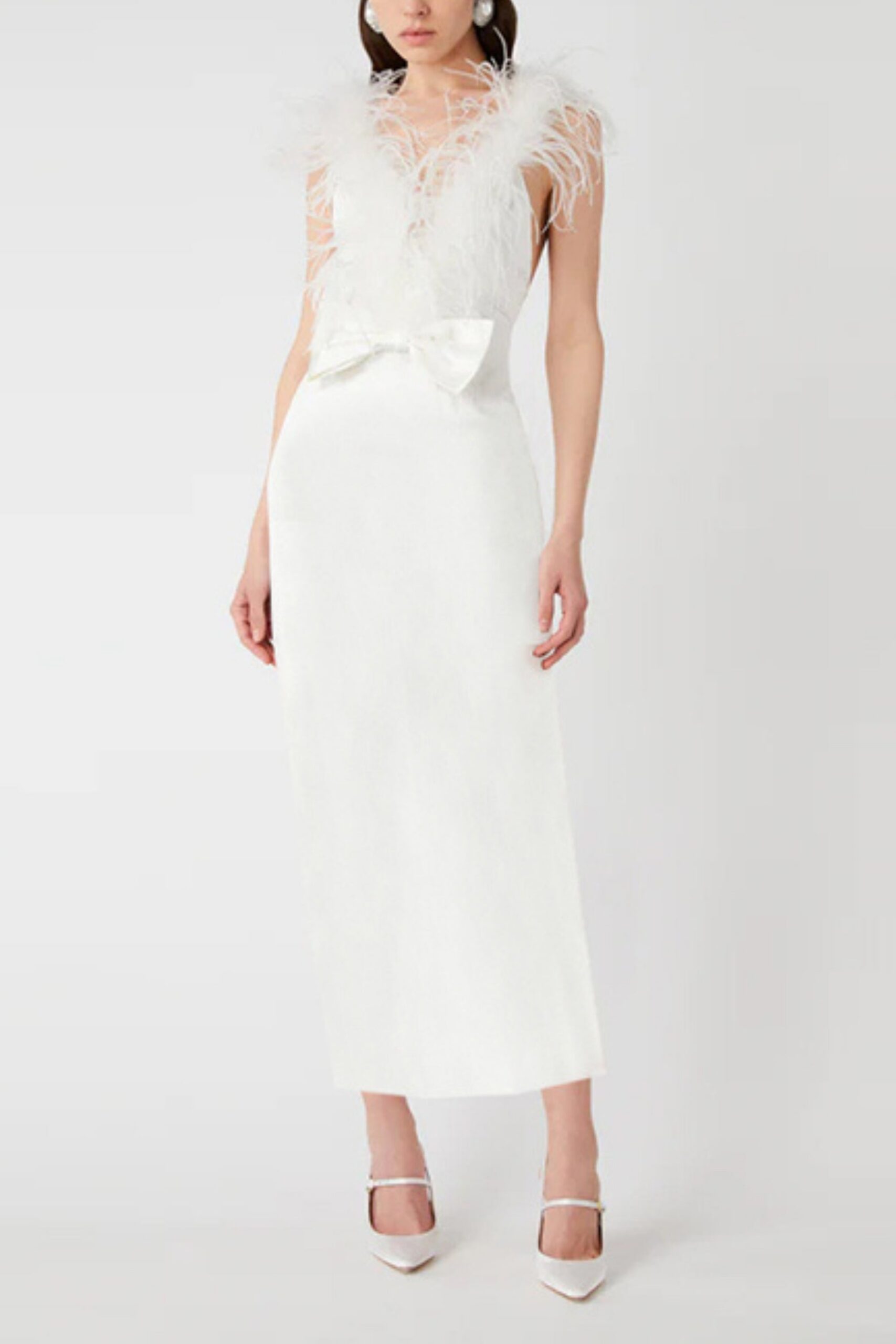 FEATHER BOW BACKLESS WHITE MIDI DRESS