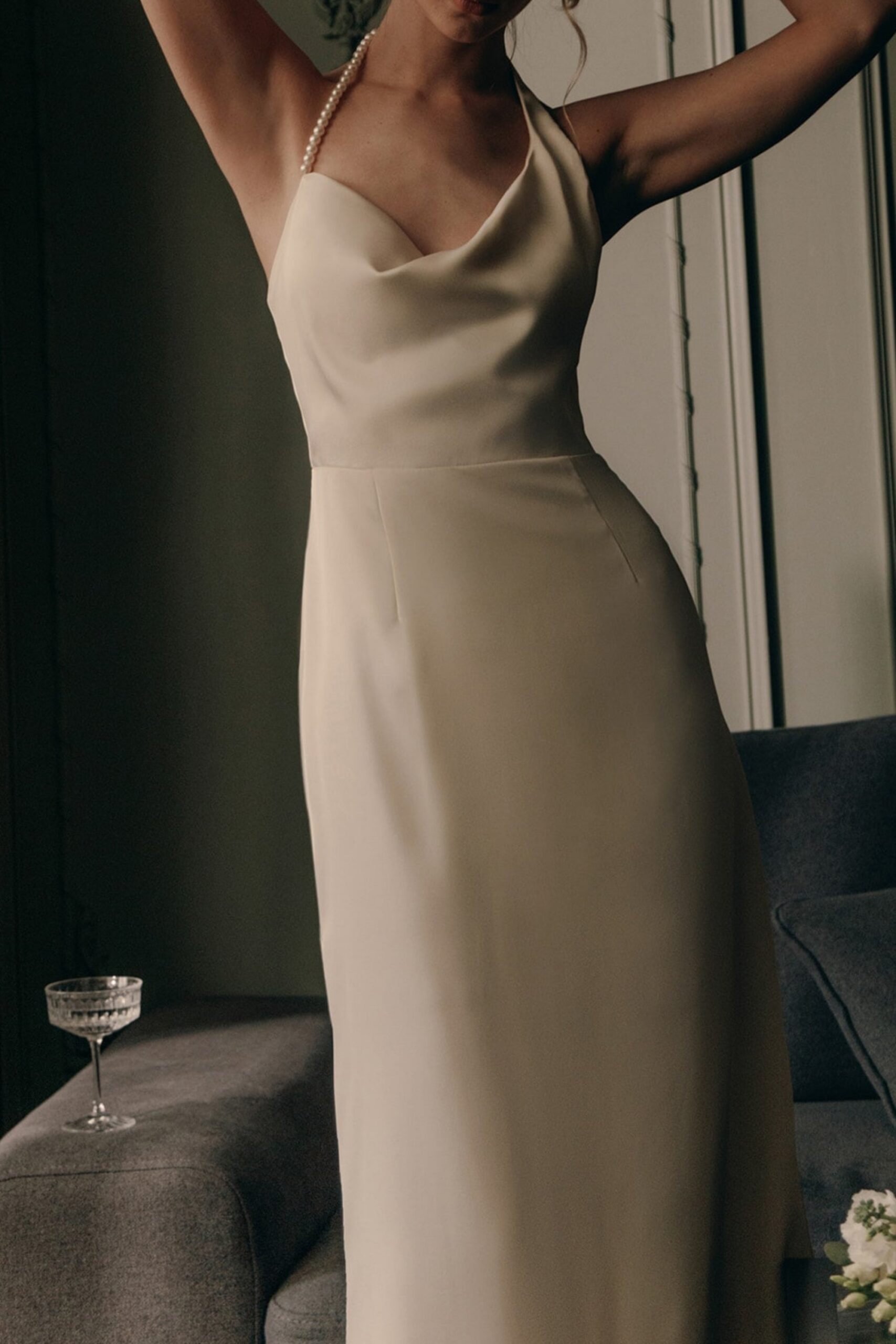 SATIN PEARL HALTER MIDI DRESS FOR EVENTS