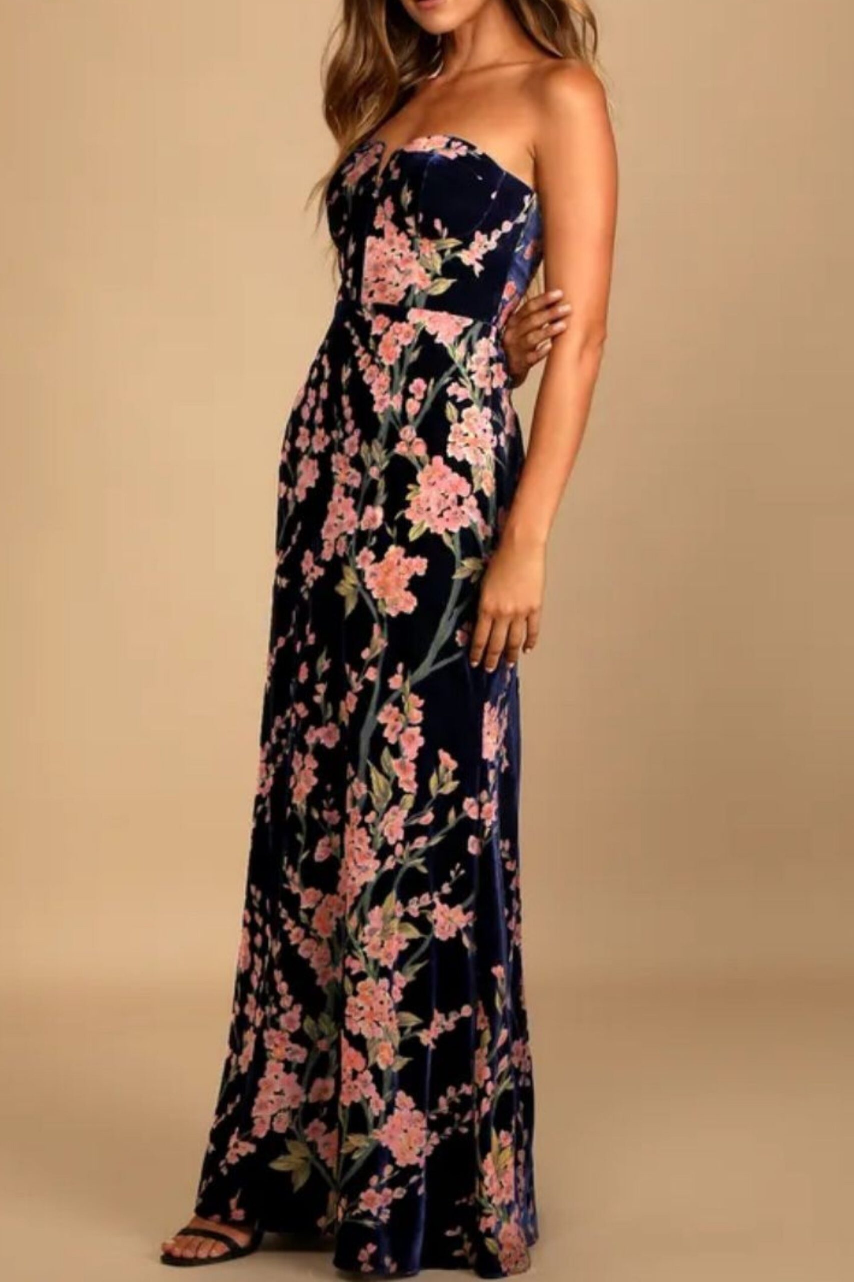 NAVY FLORAL VELVET STRAPLESS MAXI DRESS, FORMAL