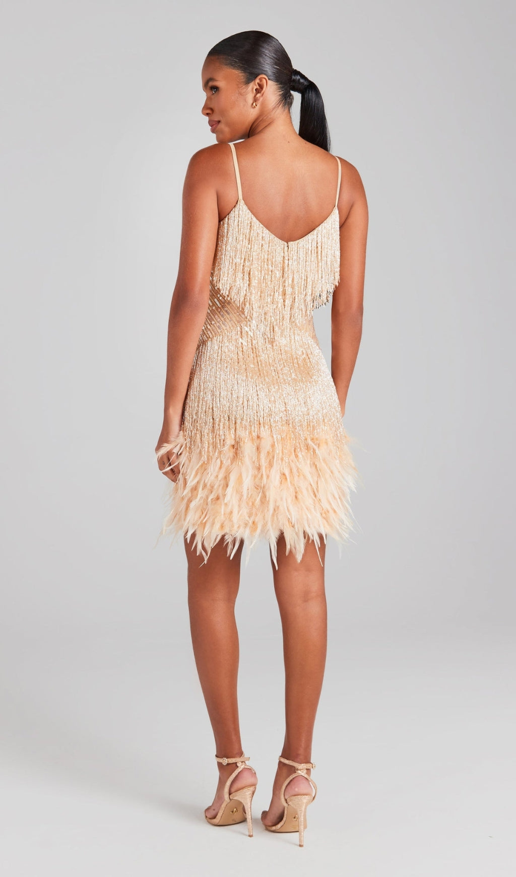 CHAMPAGNE TASSEL FEATHER MINI PARTY DRESS