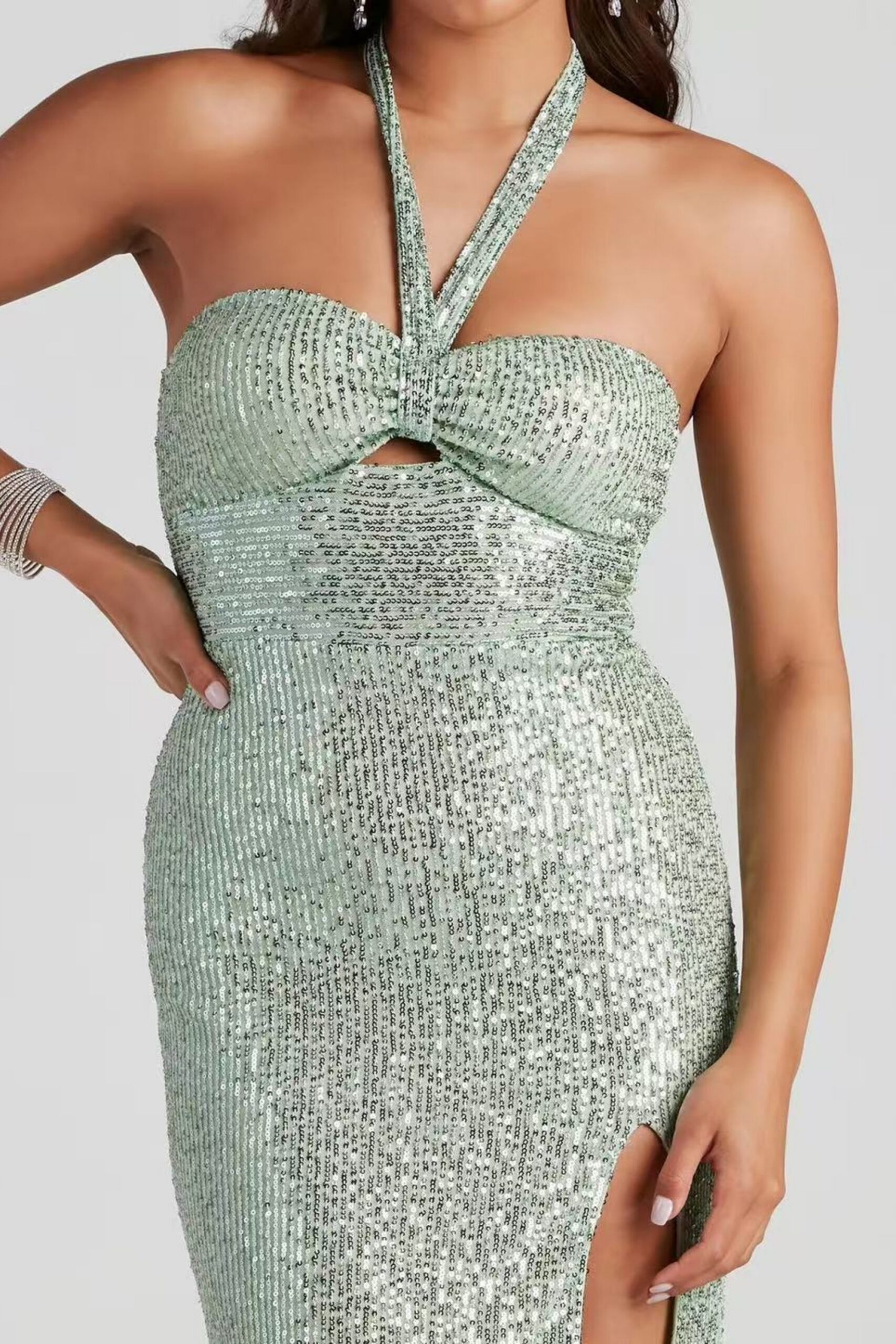 HALTER SEQUIN SLIT MAXI DRESS PARTY NIGHT