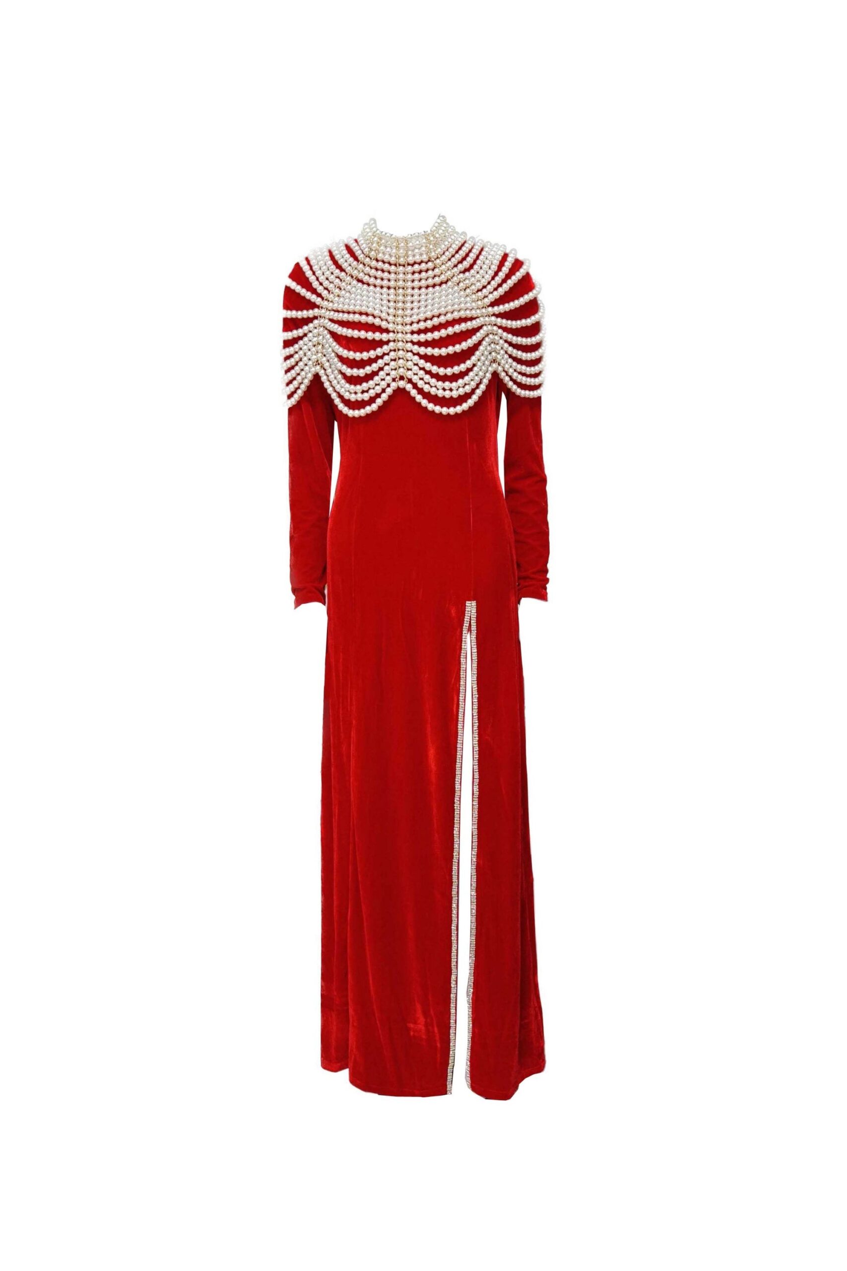 AALIYAH RED VELVET PEARL MAXI DRESS