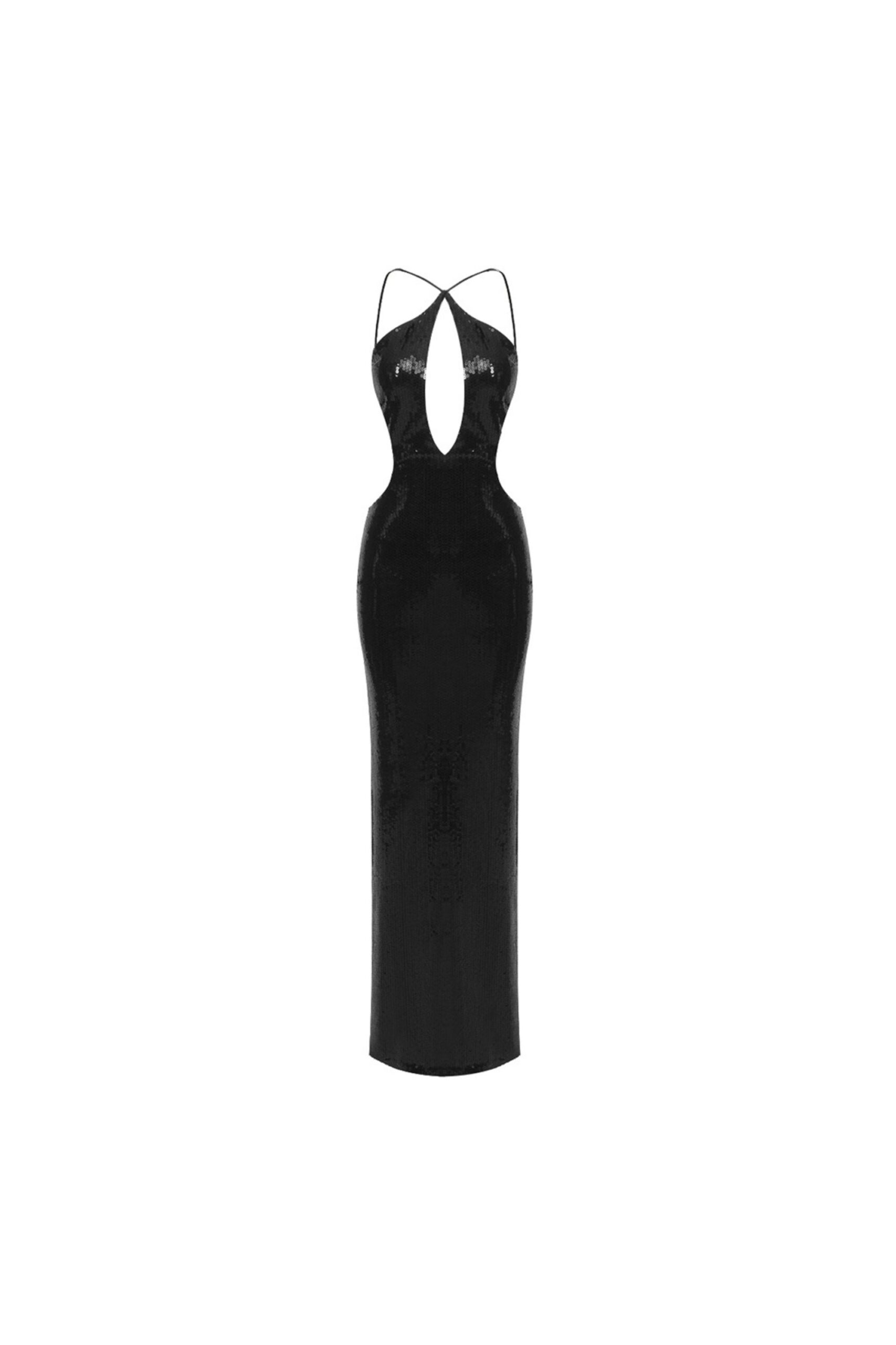 GLITTER CUTOUT BLACK MAXI DRESS FOR PARTY