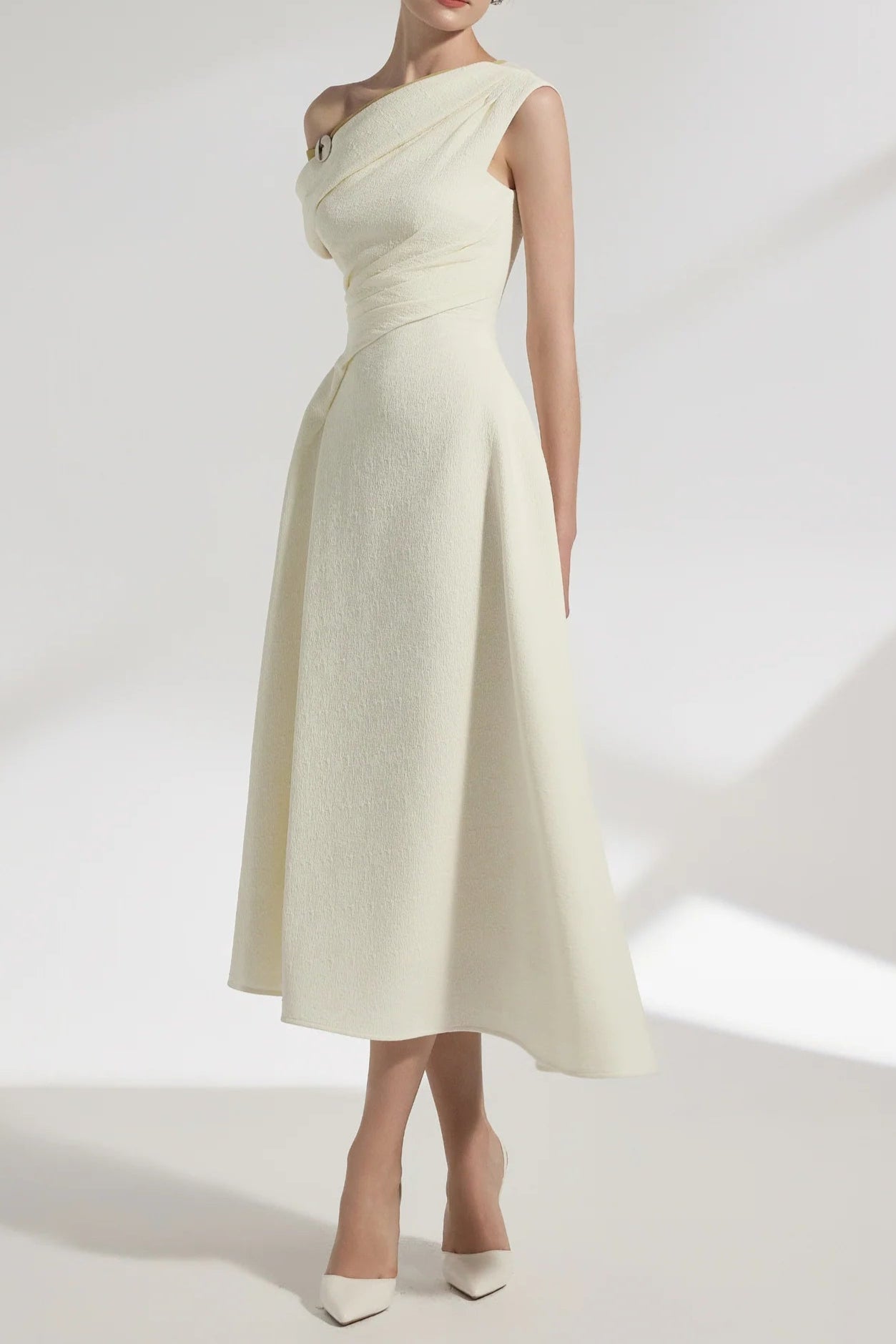 LUCY ONE-SHOULDER A-LINE MIDI WHITE DRESS