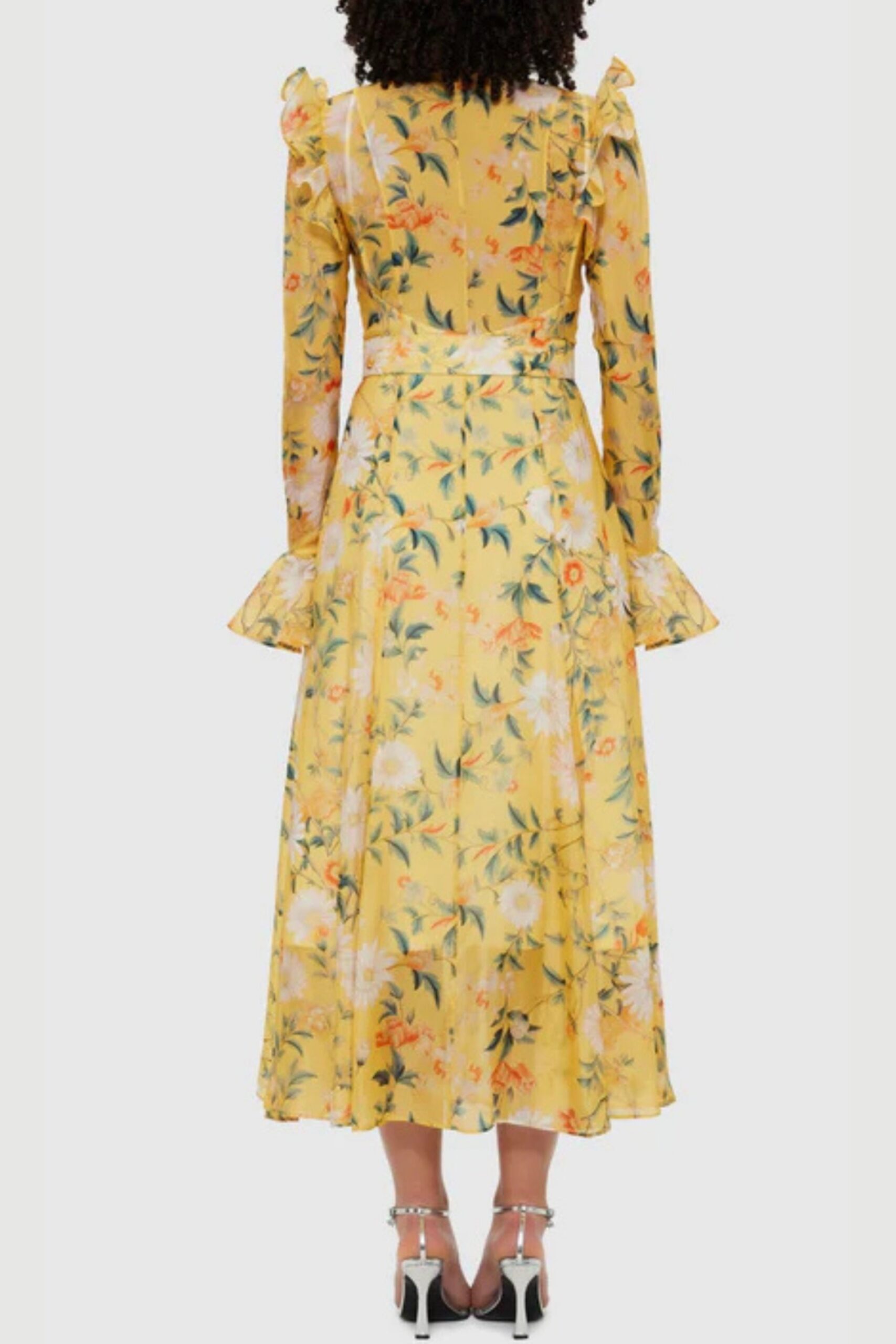 YELLOW DAISY PRINT BUTTERFLY SLEEVE MIDI DRESS