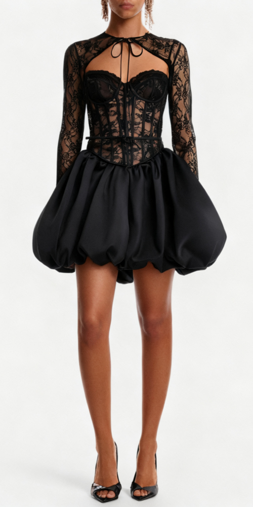 sally lace puffball mini dress in black sally lace puffball mini dress in black