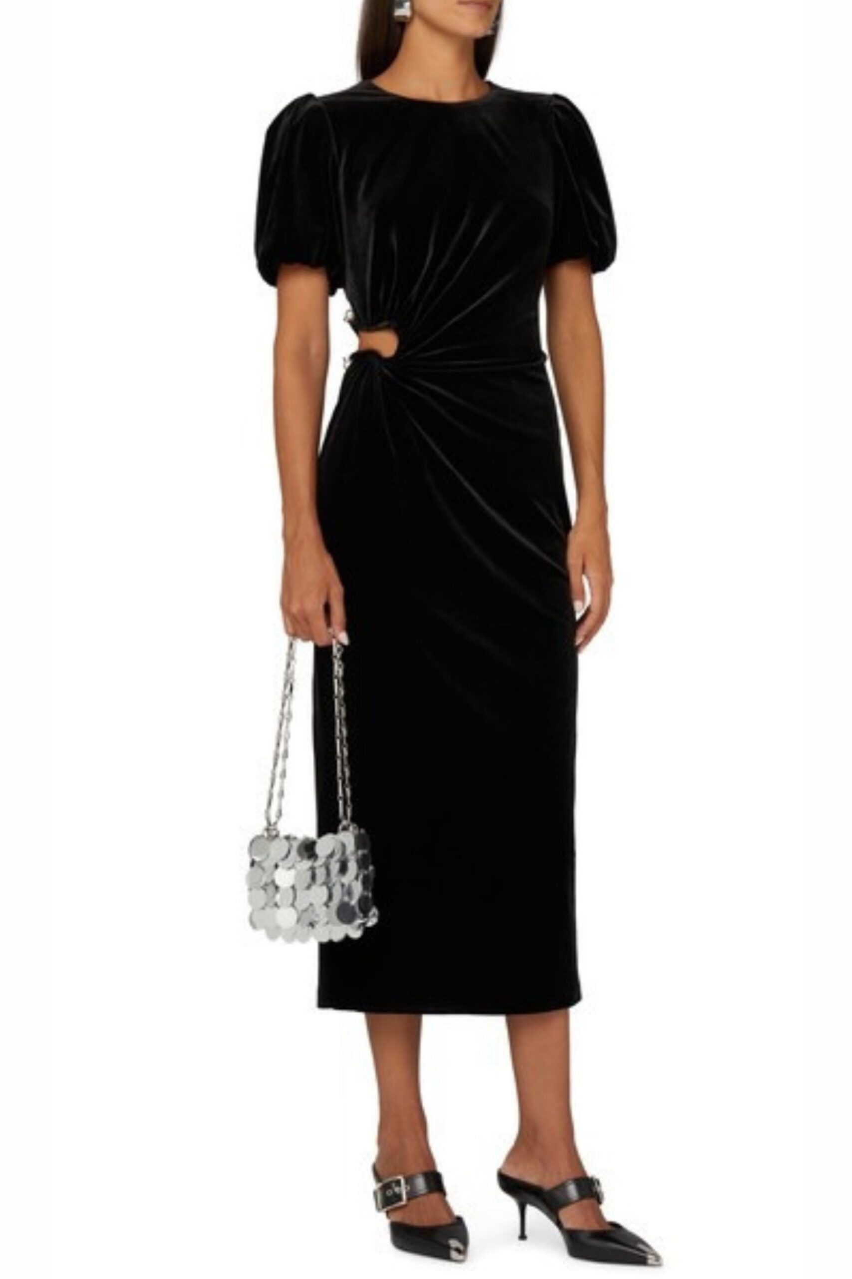 VELVET CUT-OUT PLEATED MIDI DRESS, BLACK