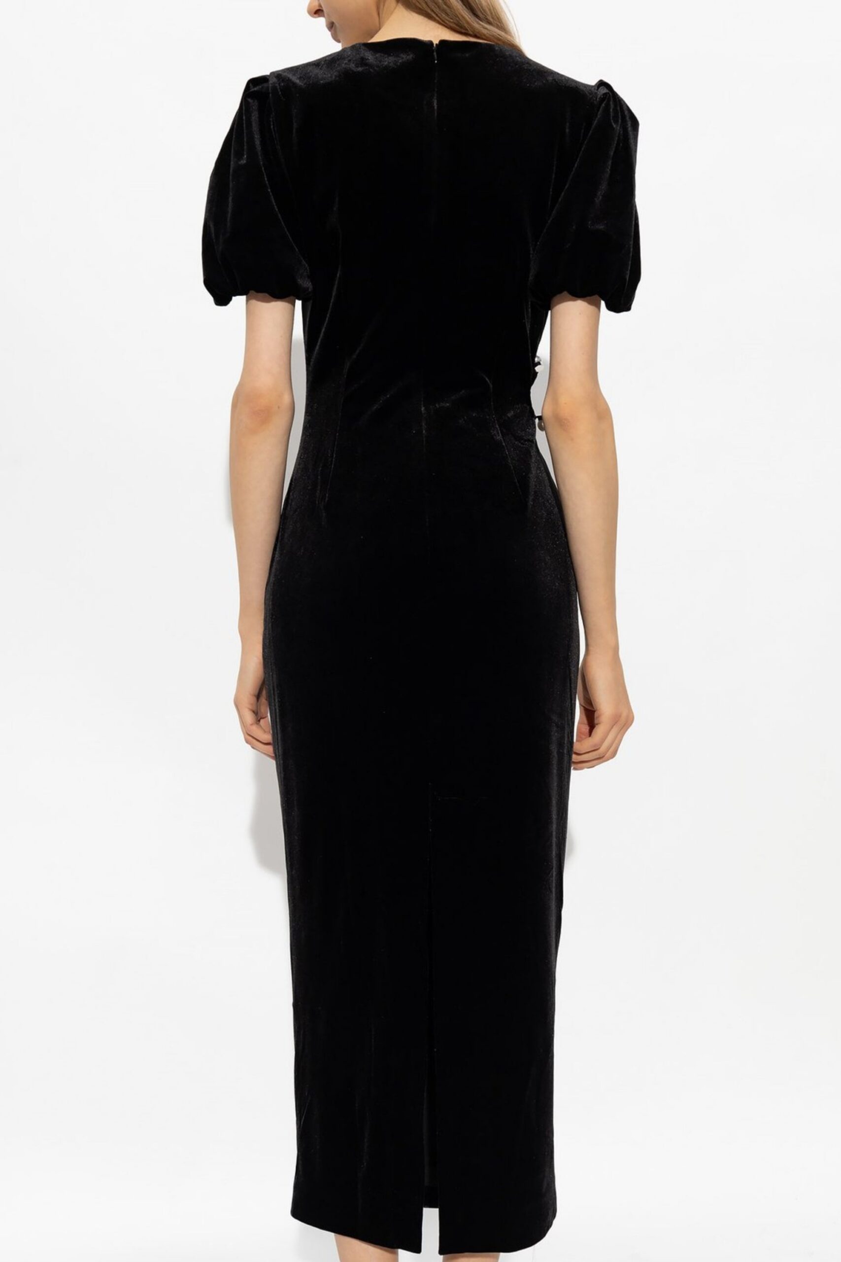 VELVET CUT-OUT PLEATED MIDI DRESS, BLACK