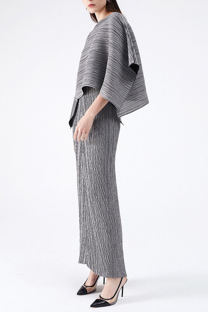 MAUREEN PLEATED MIDI DRESS WITH CAPE GRAY SET