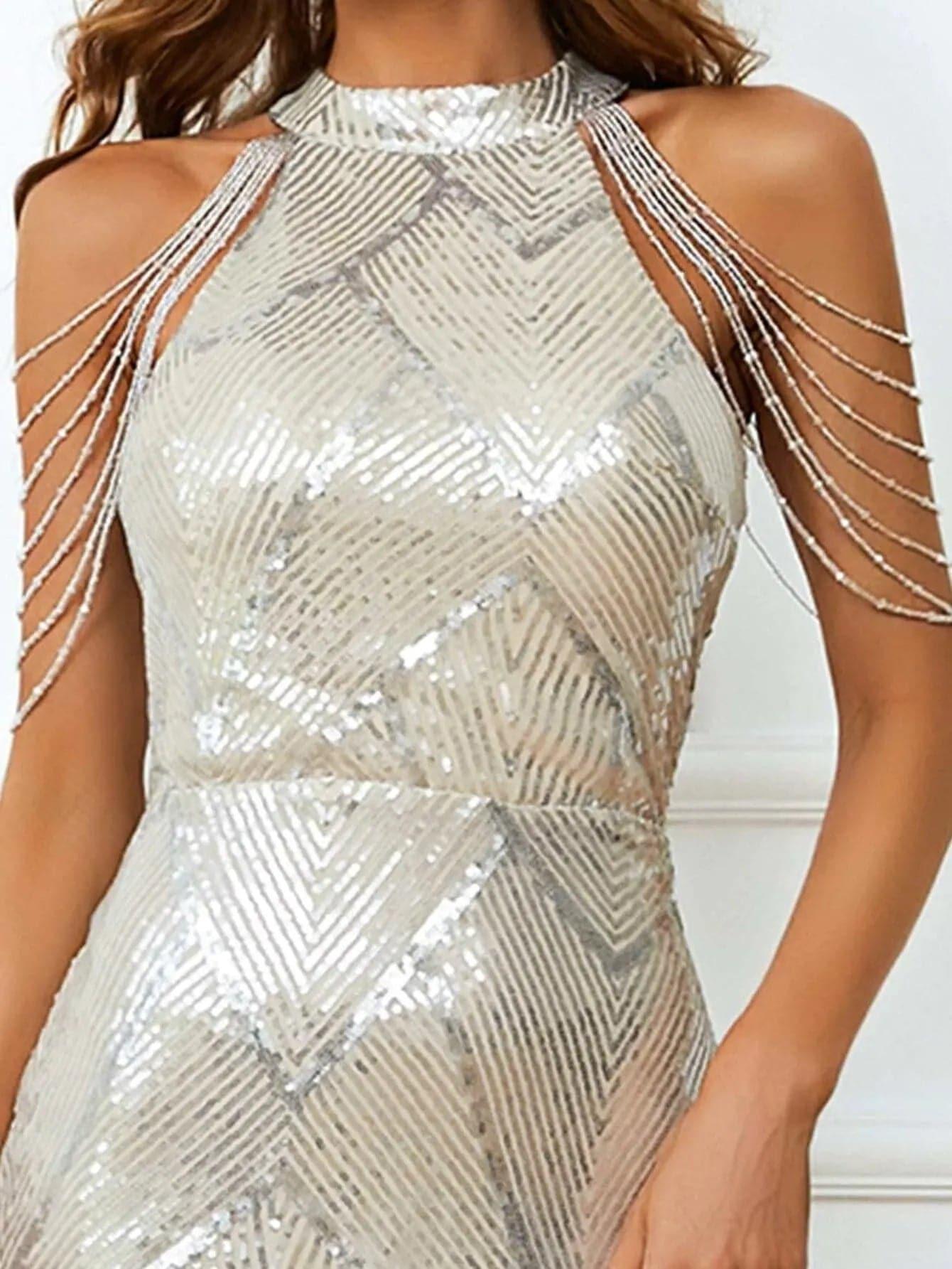 COLD SHOULDER BEADED CHAIN COCKTAIL DRESS