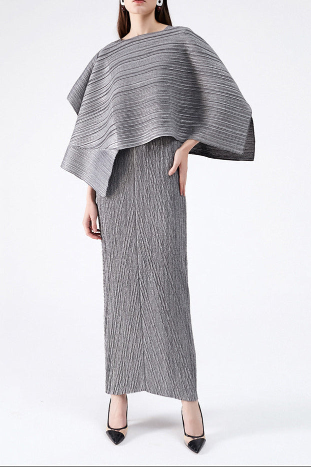 MAUREEN PLEATED MIDI DRESS WITH CAPE GRAY SET