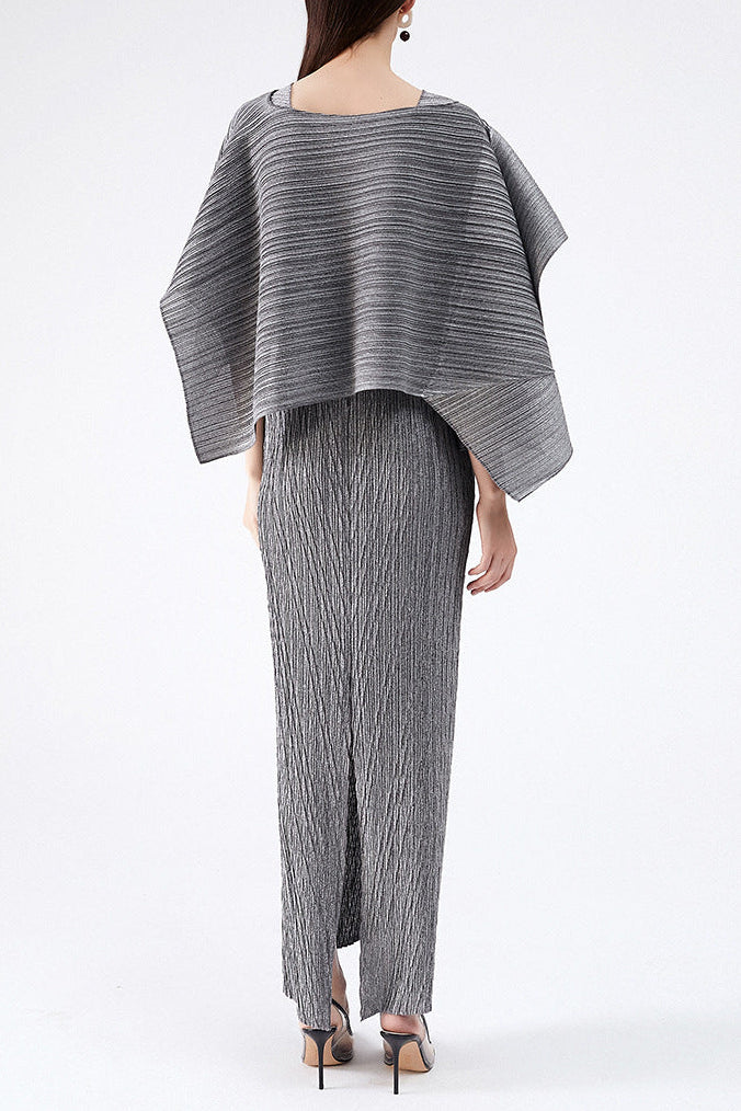 MAUREEN PLEATED MIDI DRESS WITH CAPE GRAY SET