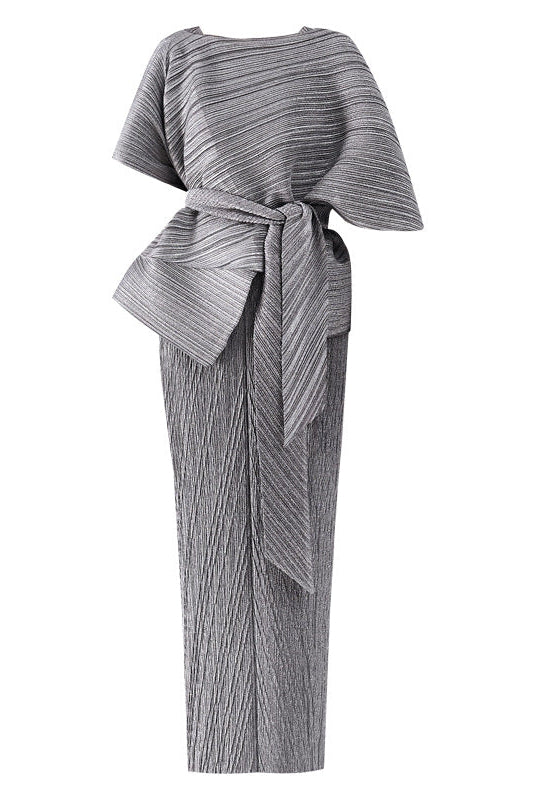 MAUREEN PLEATED MIDI DRESS WITH CAPE GRAY SET