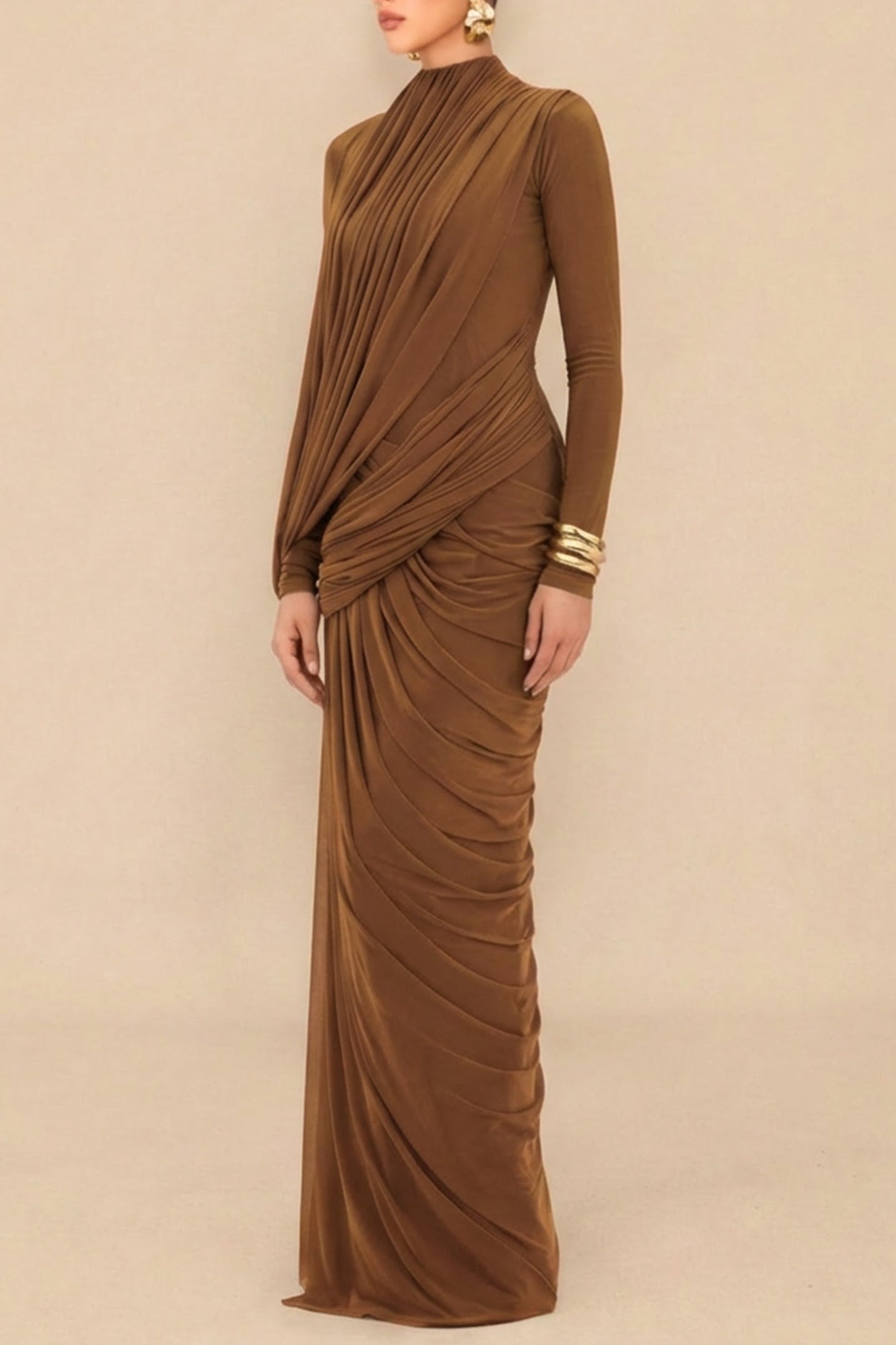 LIZ HIGH NECK DRAPE MAXI DRESS BROWN