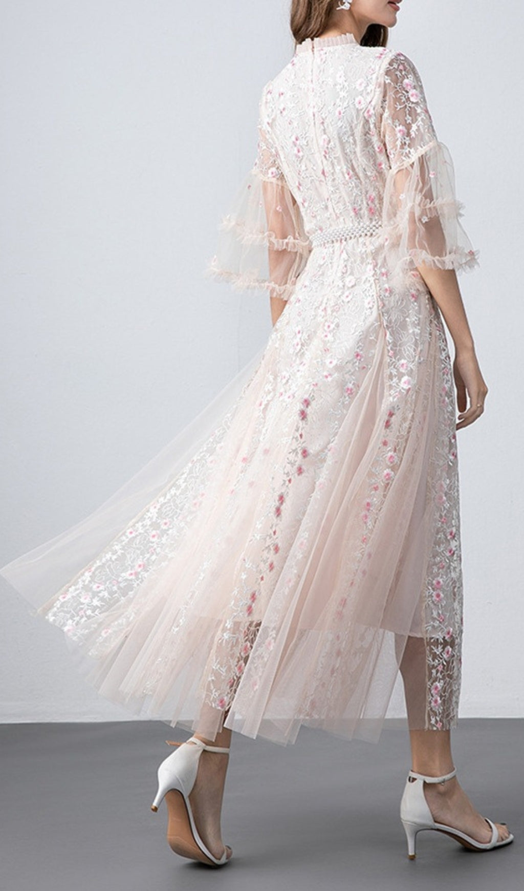 FLORAL MESH MIDI DRESS FOR APRICOT WEDDING GUEST