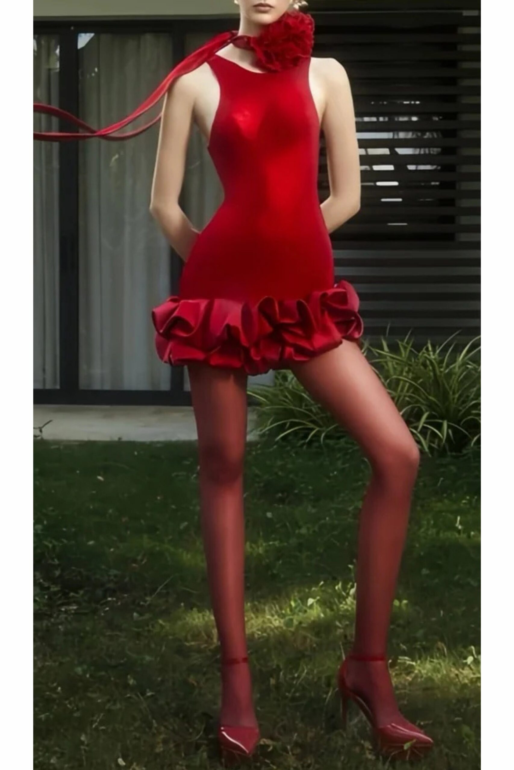 163_cf7cd175-a20a-47bc-96cc-919e9cd2152f FLOWER TRIM RED MINI DRESS FOR PARTY