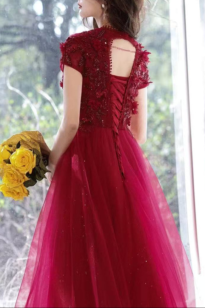 3D FLORAL LACE TULLE EVENING GOWN, FLOOR-LENGTH