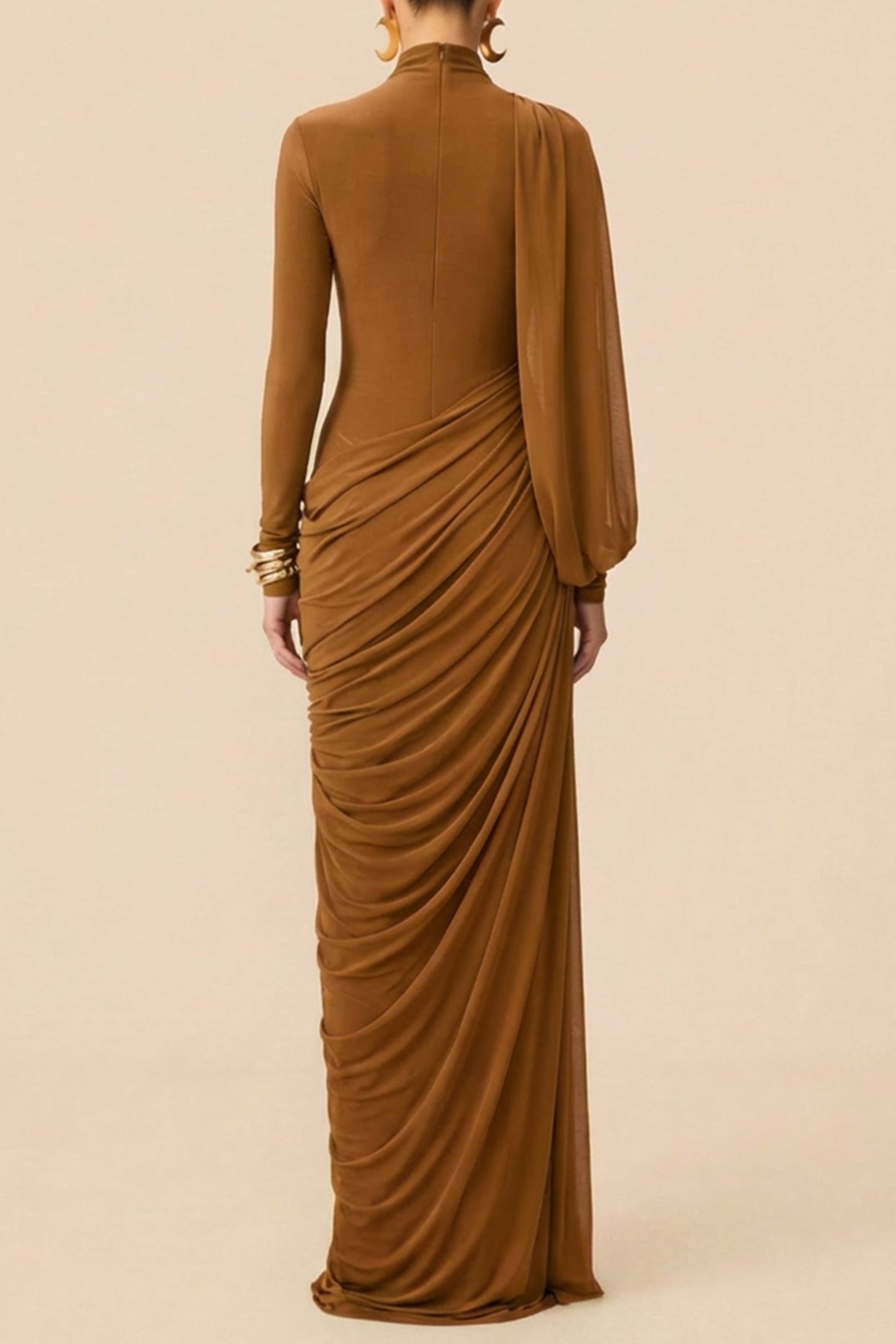 LIZ HIGH NECK DRAPE MAXI DRESS BROWN