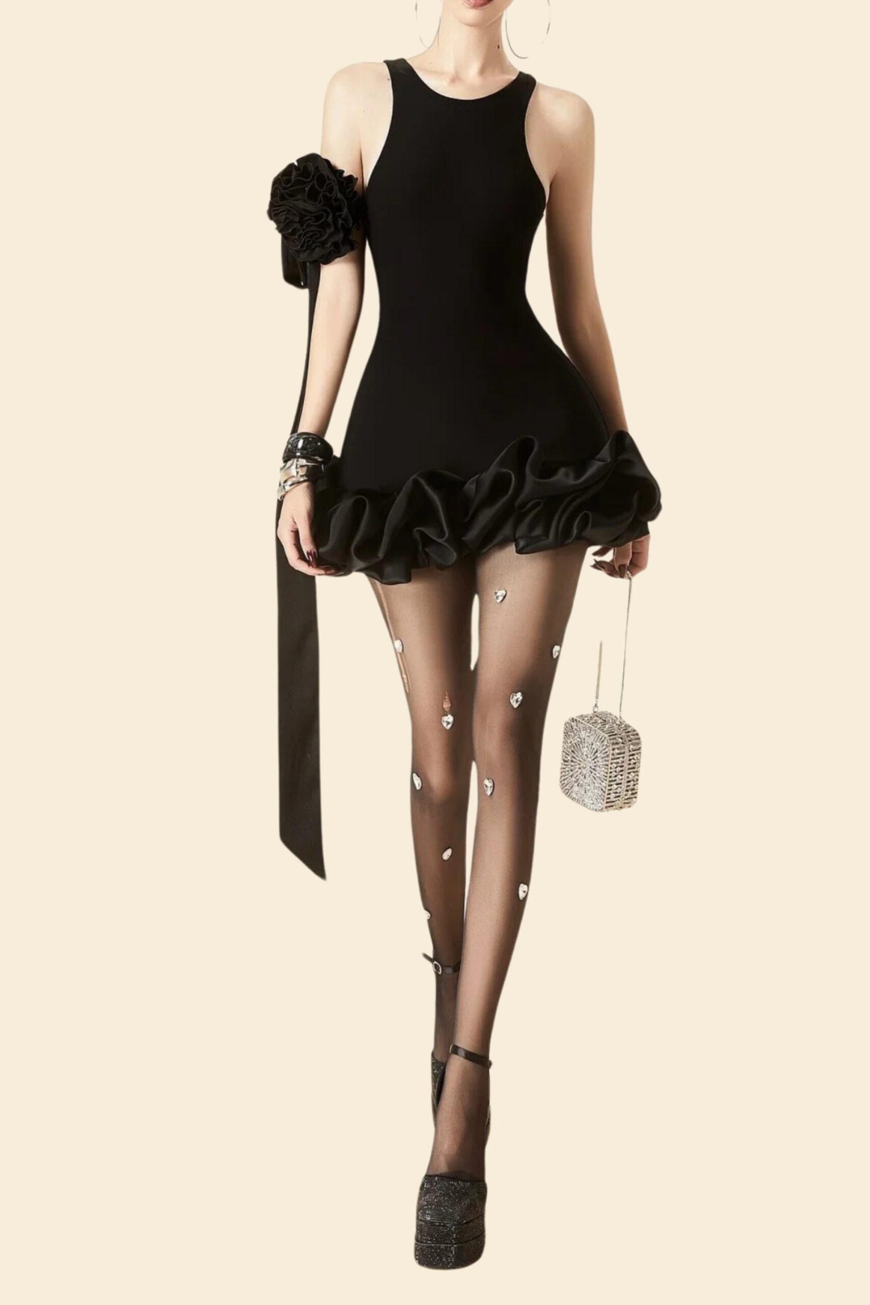 FLOWER TRIM BLACK MINI DRESS, SLEEVELESS COCKTAIL