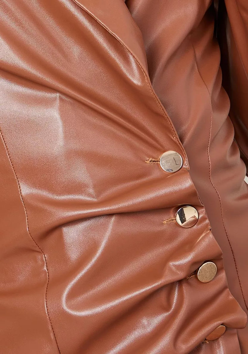NOTCH LAPEL LEATHER BLAZER DRESS BROWN