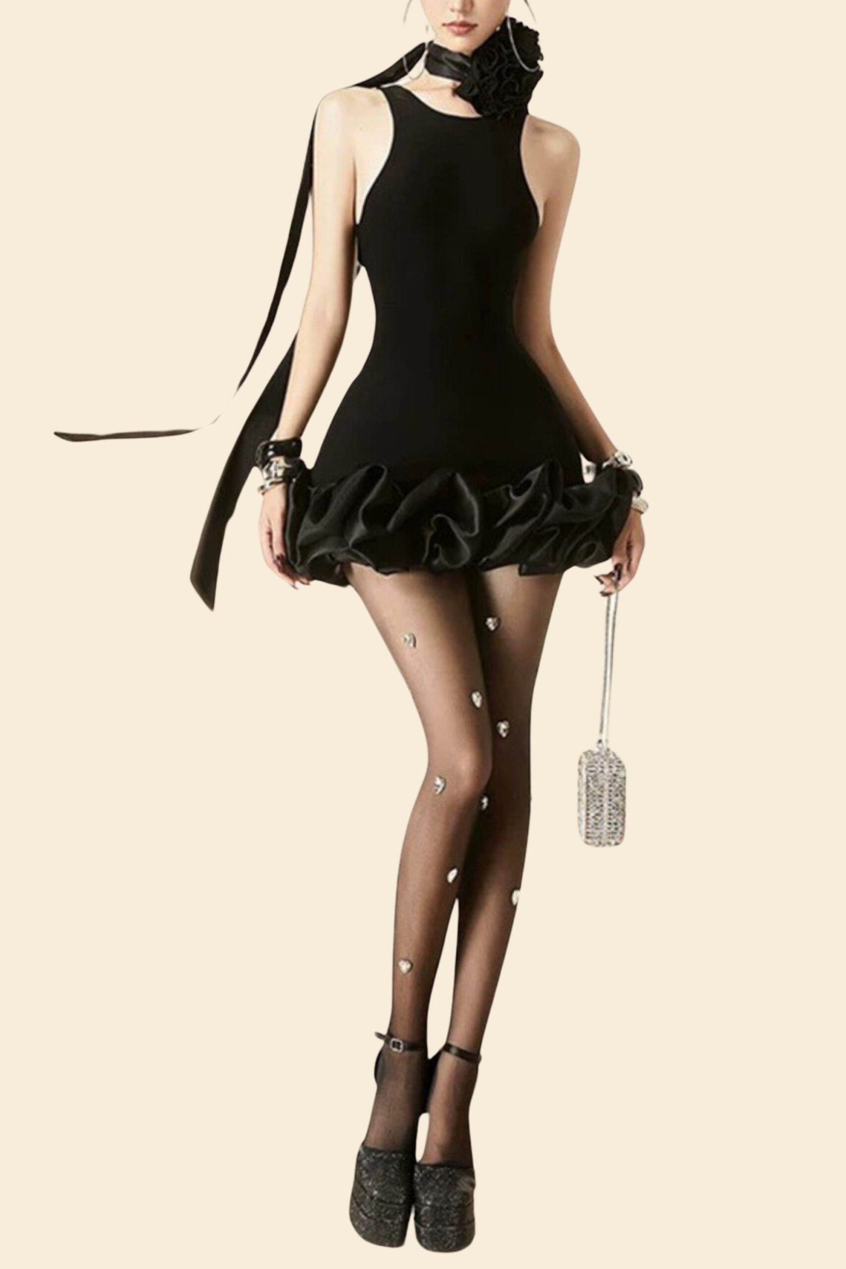 FLOWER TRIM BLACK MINI DRESS, SLEEVELESS COCKTAIL