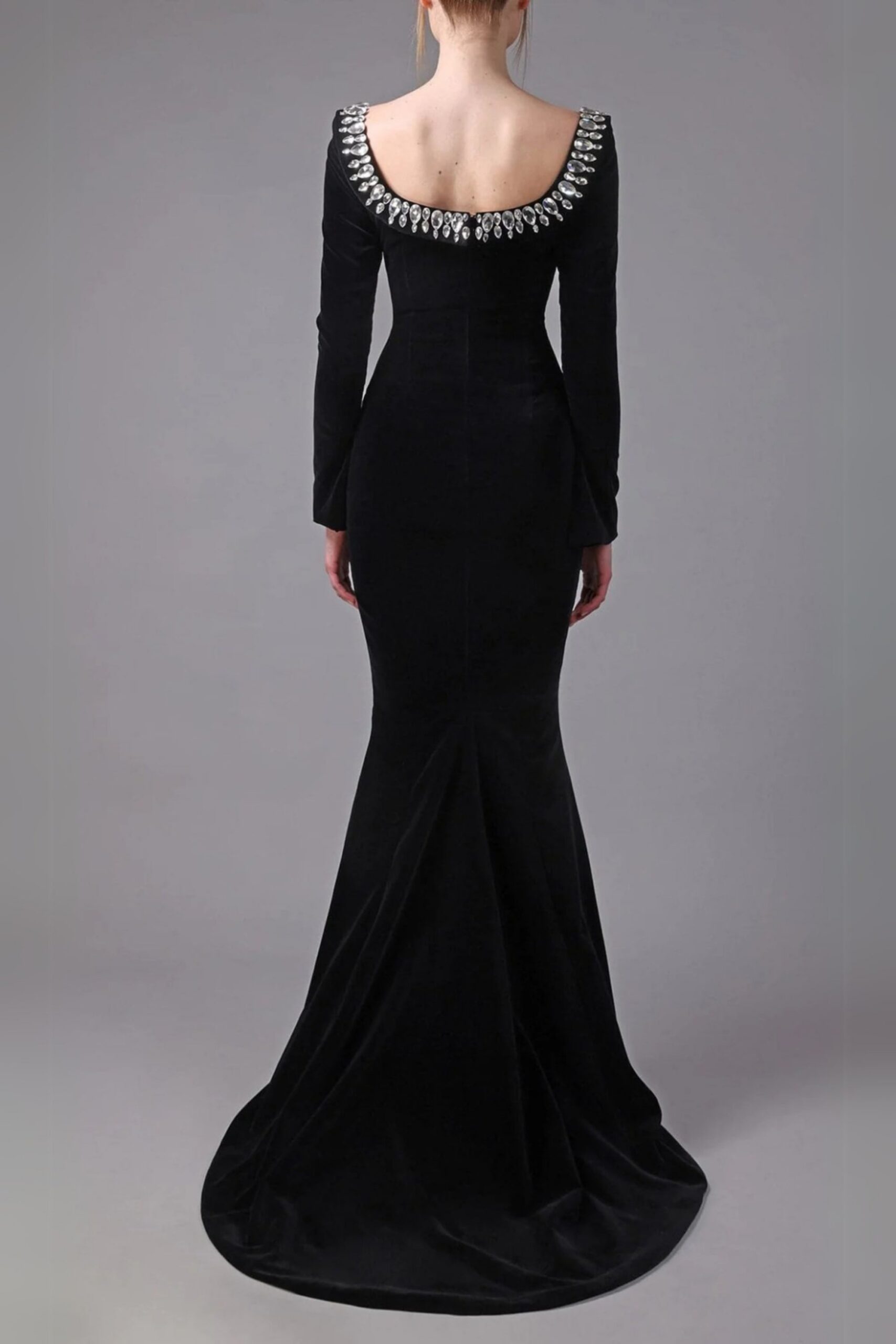 BLACK CREPE CRYSTAL NECKLINE GOWN, FORMAL EVENING