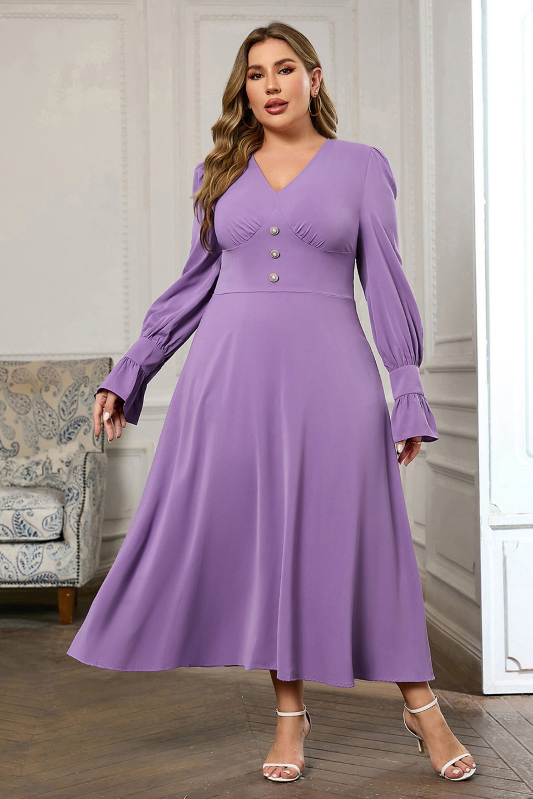 LONG SLEEVE V-NECK MIDI DRESS PURPLE