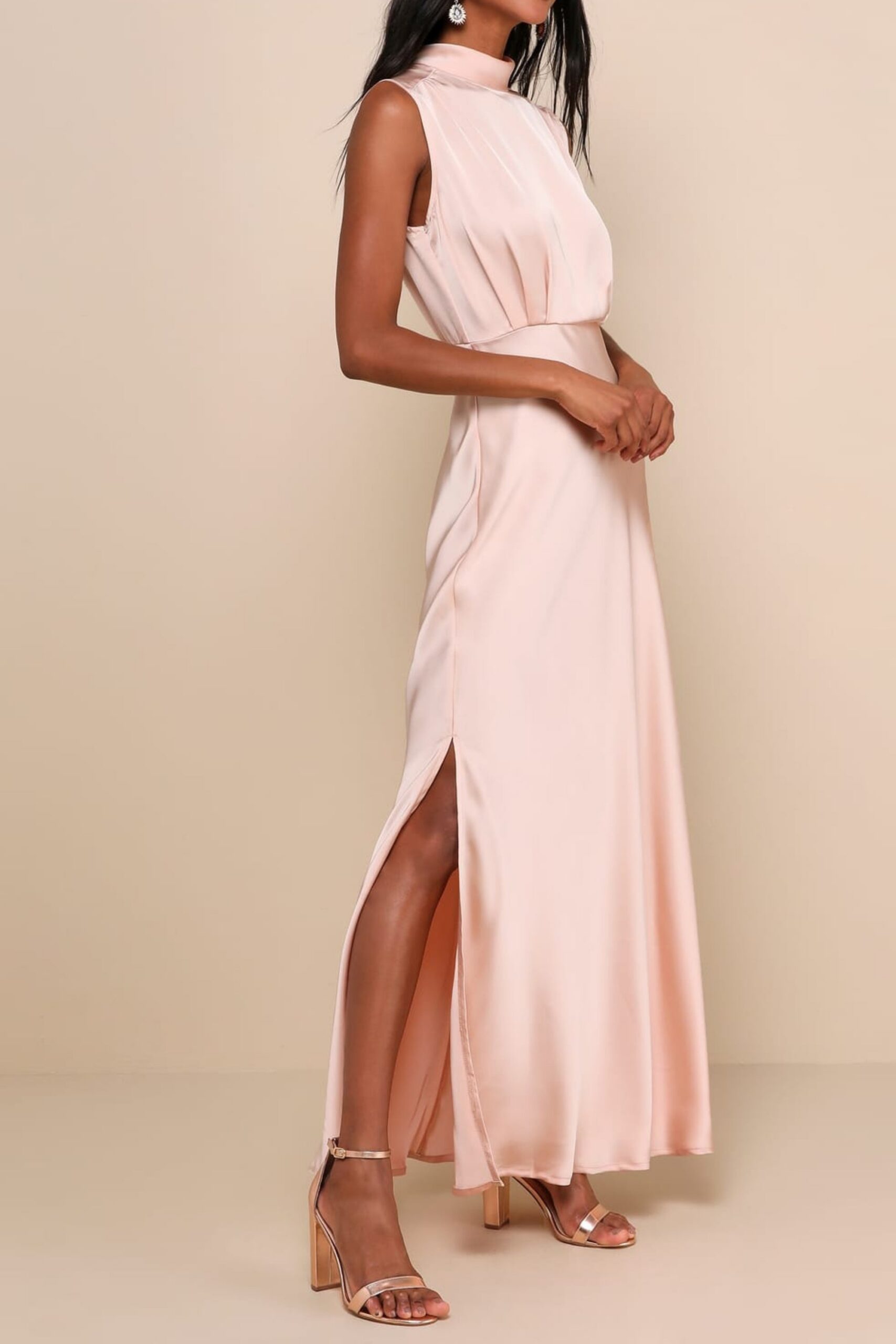 BLUSH SATIN MOCK NECK SLEEVELESS MAXI DRESS