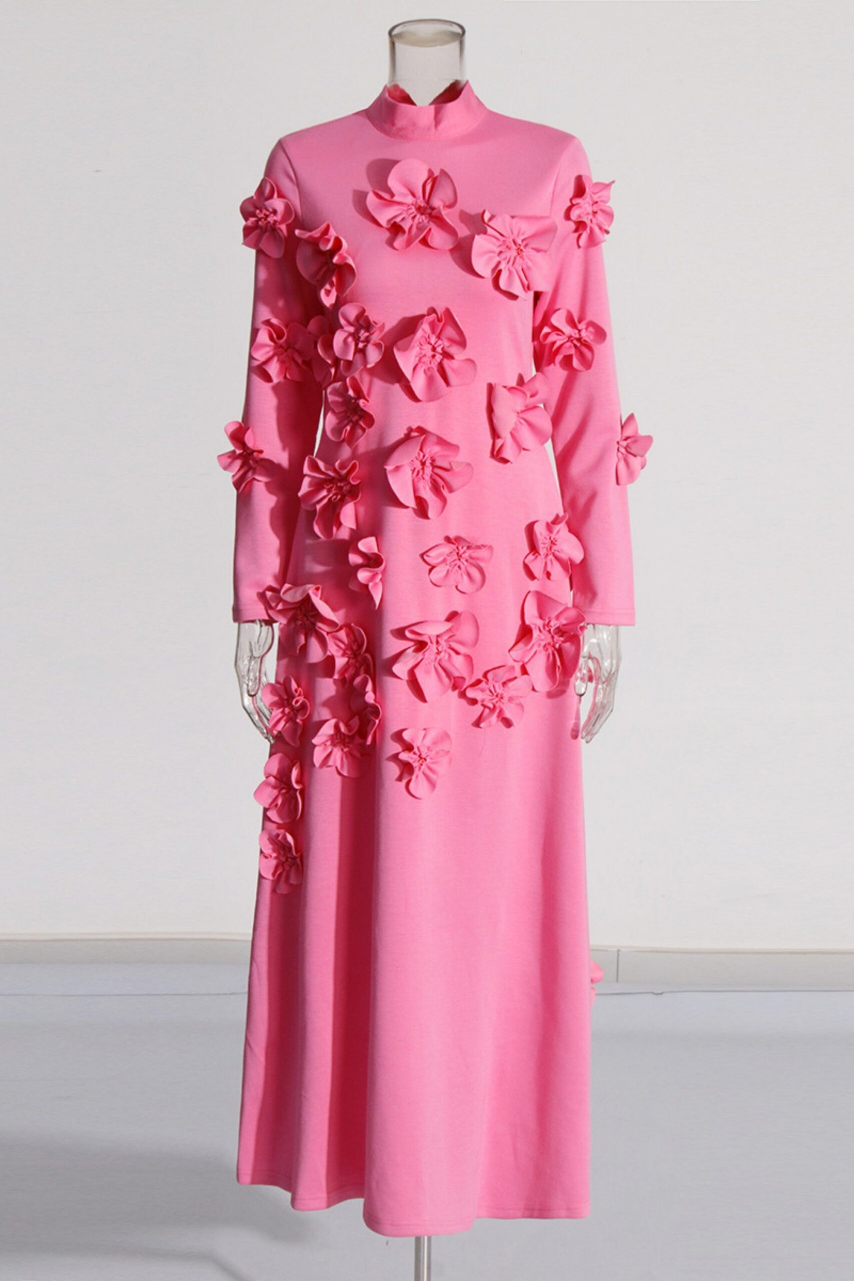 3D FLOWER STAND COLLAR LONG SLEEVE MIDI DRESS