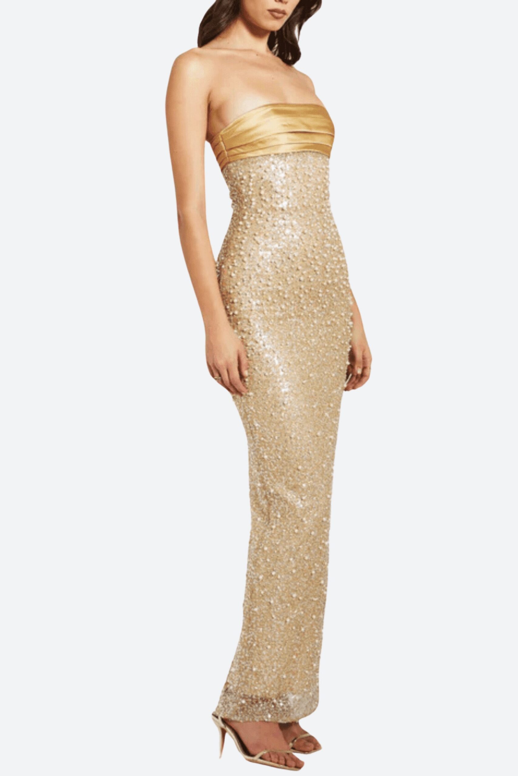 GOLD SATIN SEQUIN BEADED MAXI DRESS