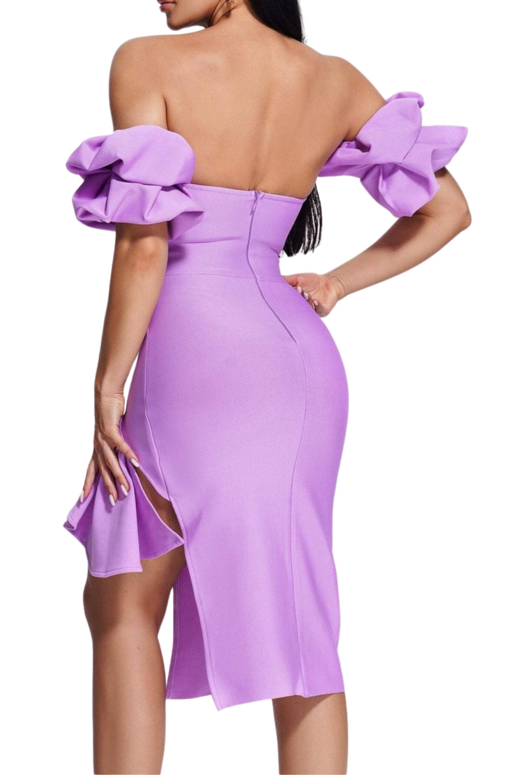STRAPLESS BANDAGE DRESS WITH DRAPED SLEEVE SLITS