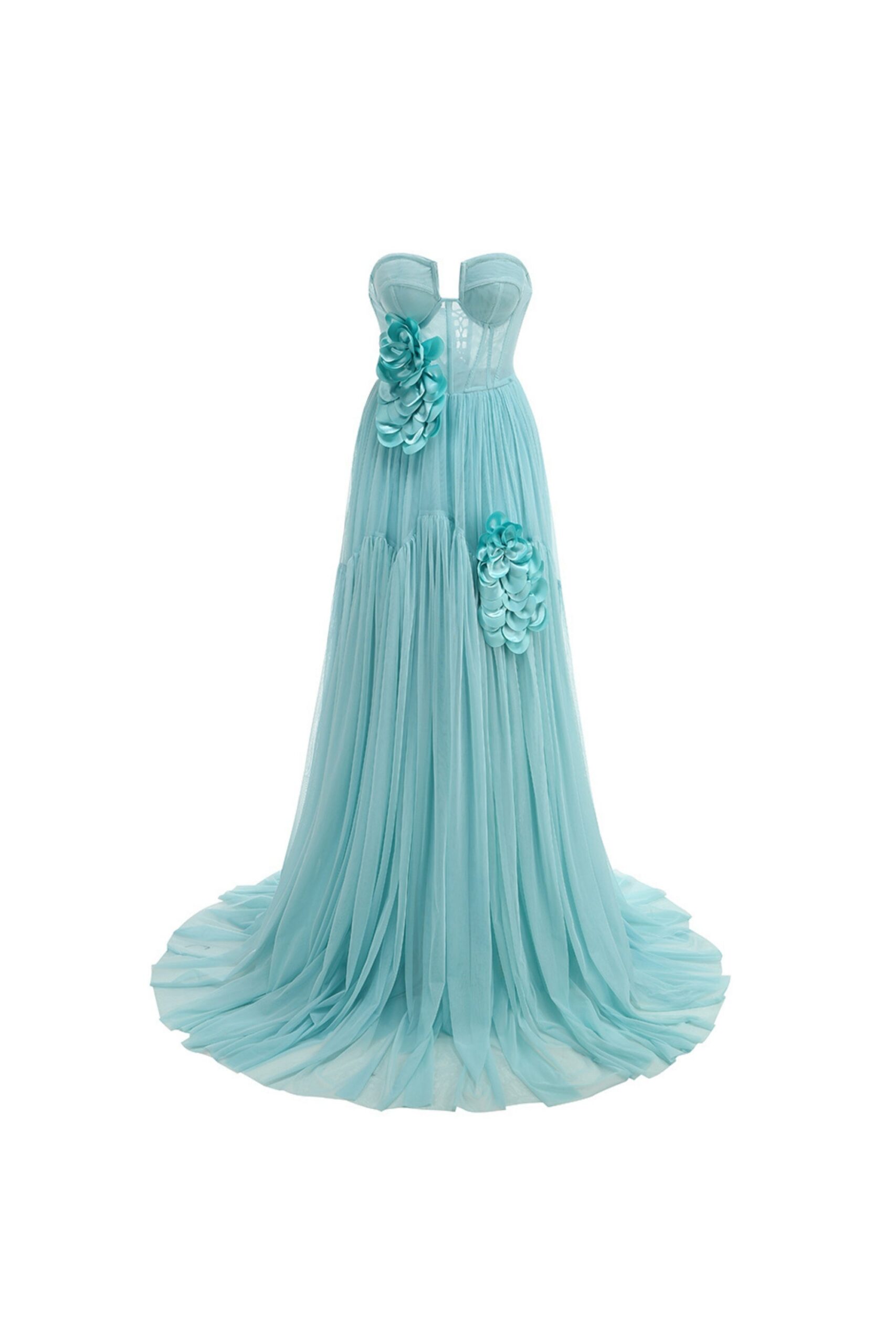FLORAL STRAPLESS TULLE MAXI DRESS FOR WEDDING GUEST