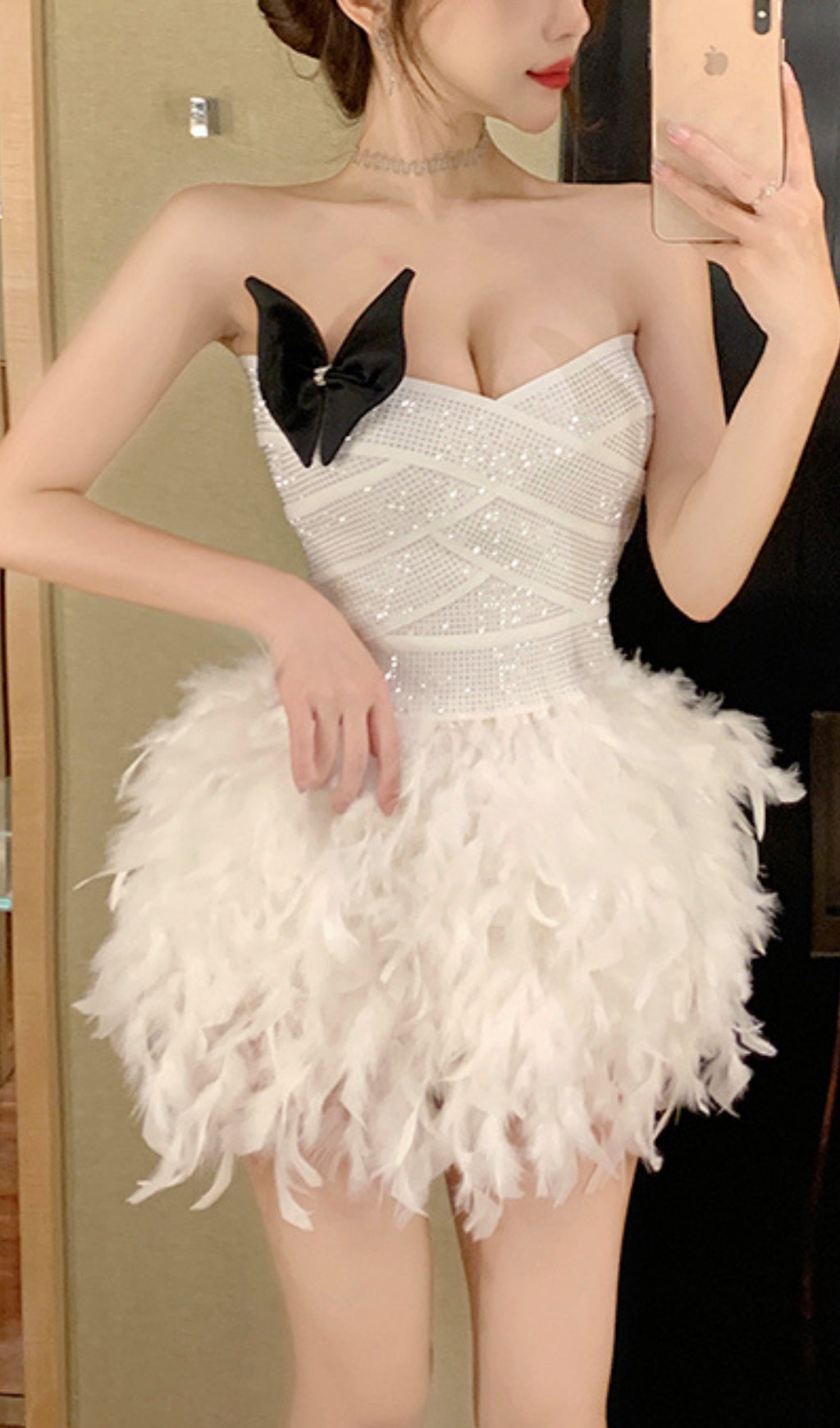 RHINESTONE FEATHER STRAPLESS WHITE MINI DRESS