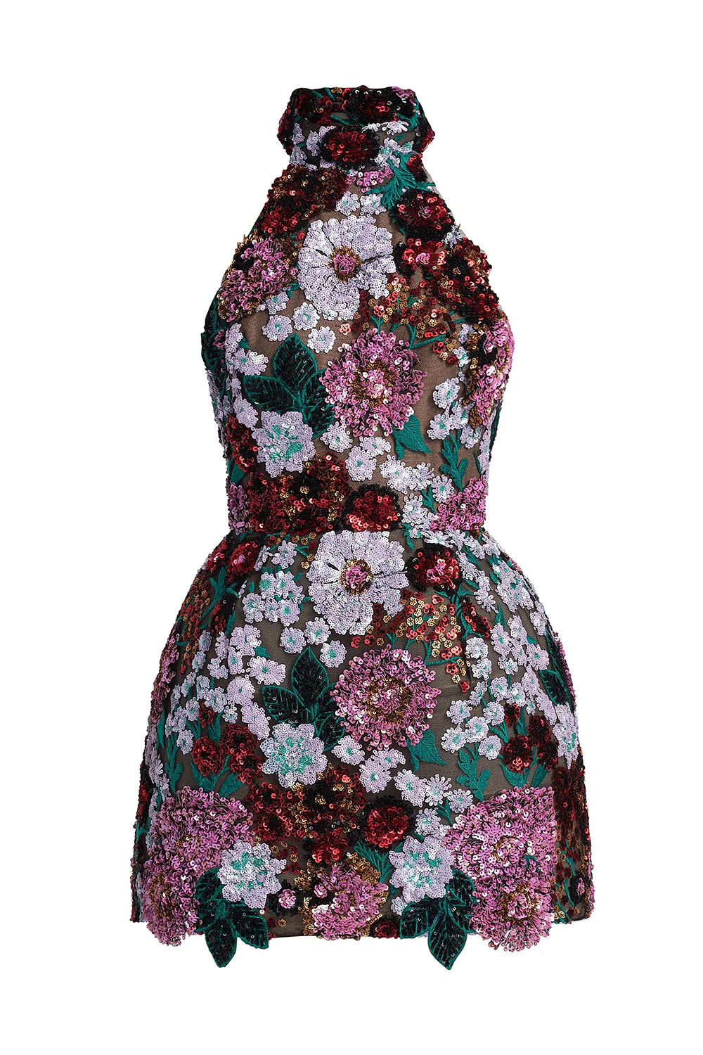 VIOLET OPEN-BACK EMBROIDERED MINI COCKTAIL DRESS