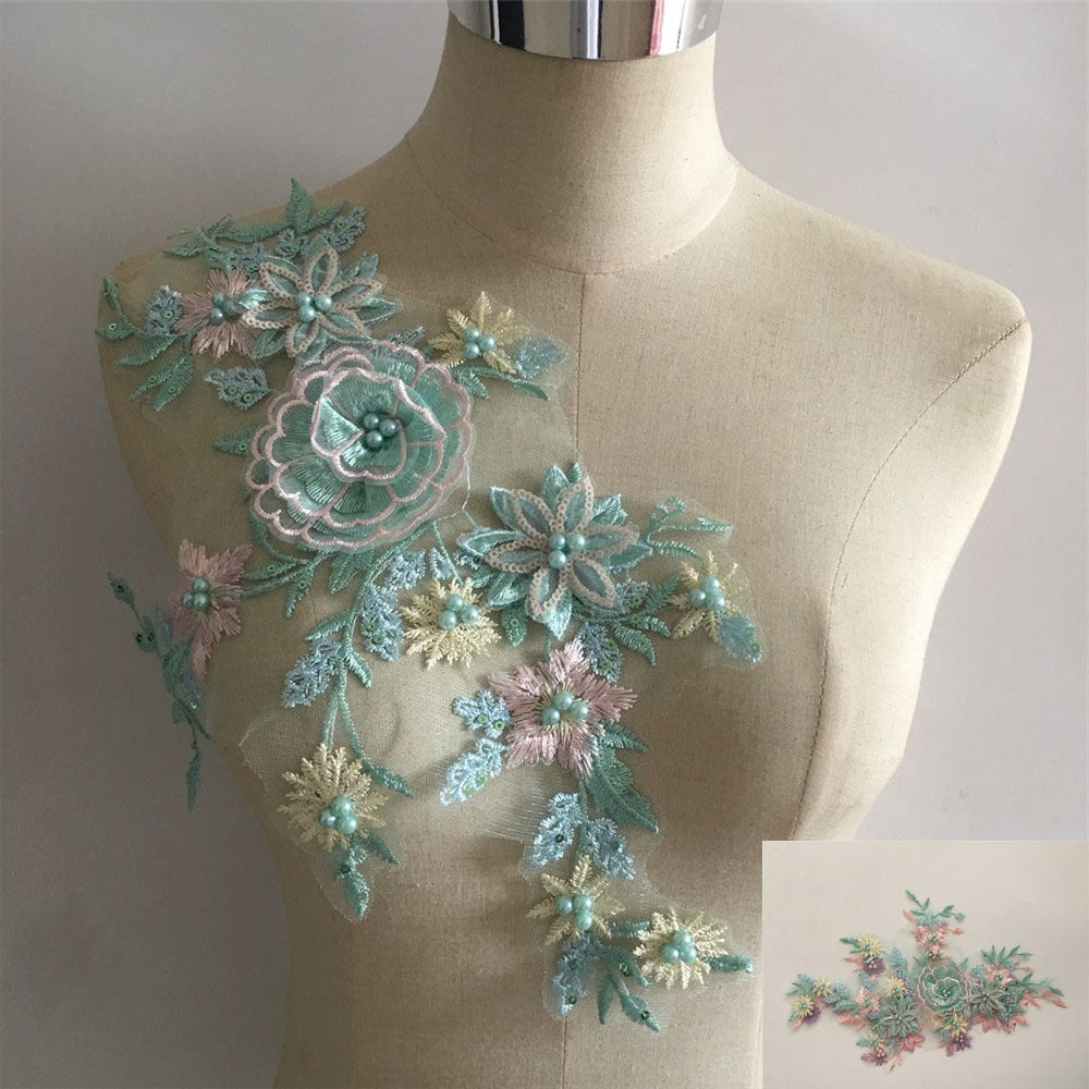 17106152036_297466099 3D FLORAL PEARL LACE COLLAR TRIM, DIY WEDDING DRESS EMBELLISHMENT