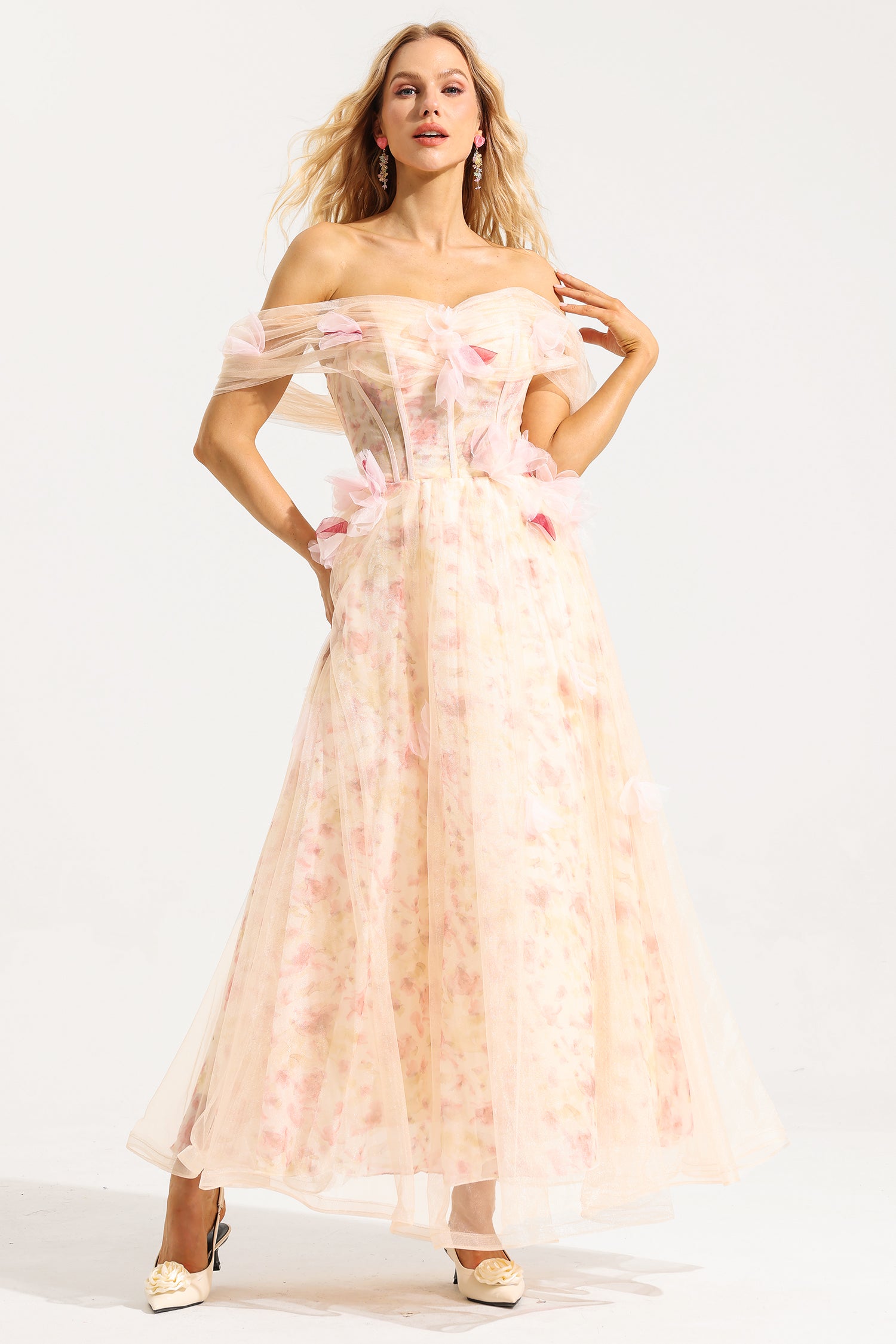 MESH 3D FLORAL OFF-SHOULDER MIDI DRESS