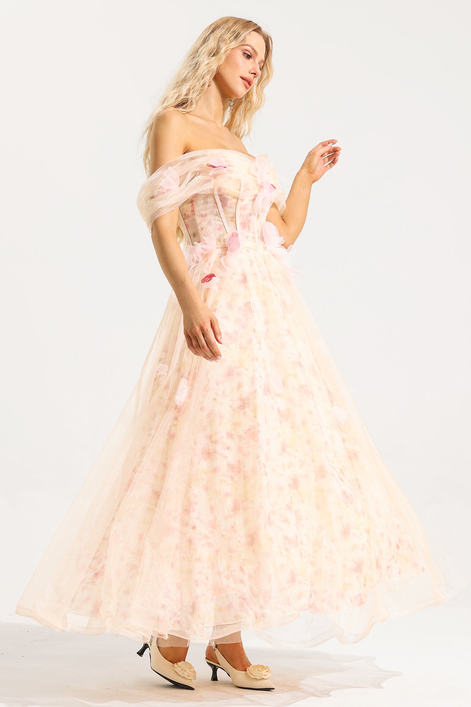 MESH 3D FLORAL OFF-SHOULDER MIDI DRESS