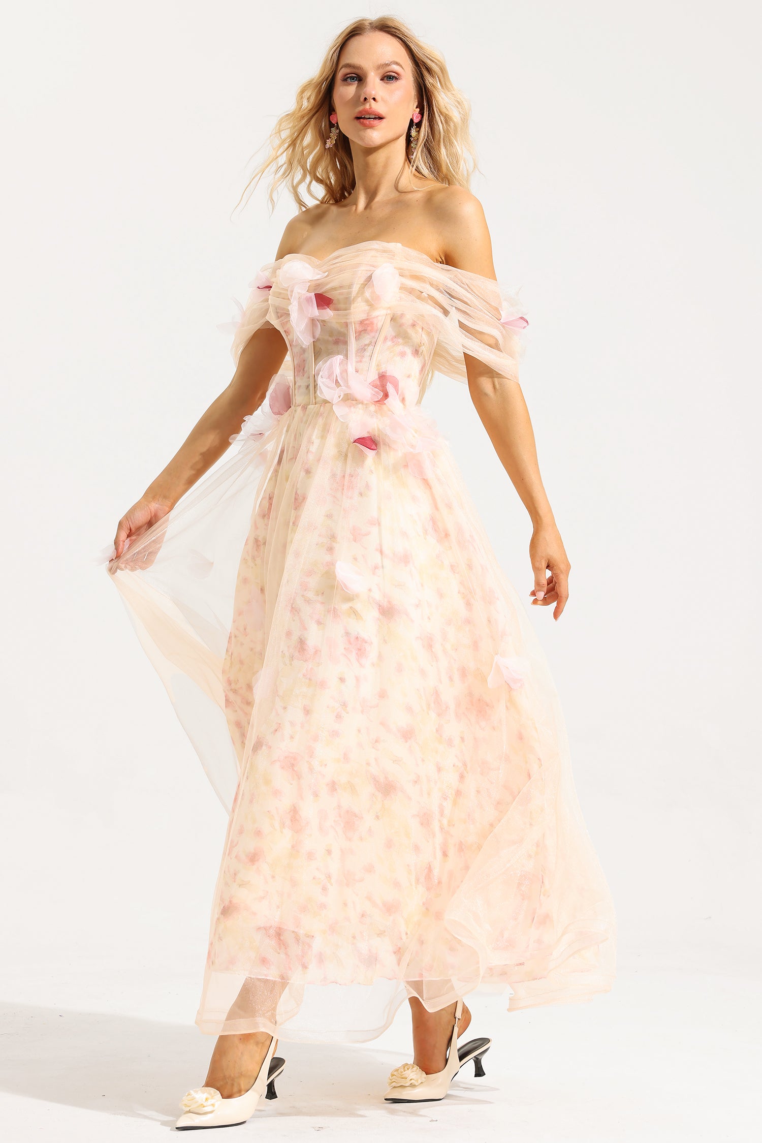 MESH 3D FLORAL OFF-SHOULDER MIDI DRESS