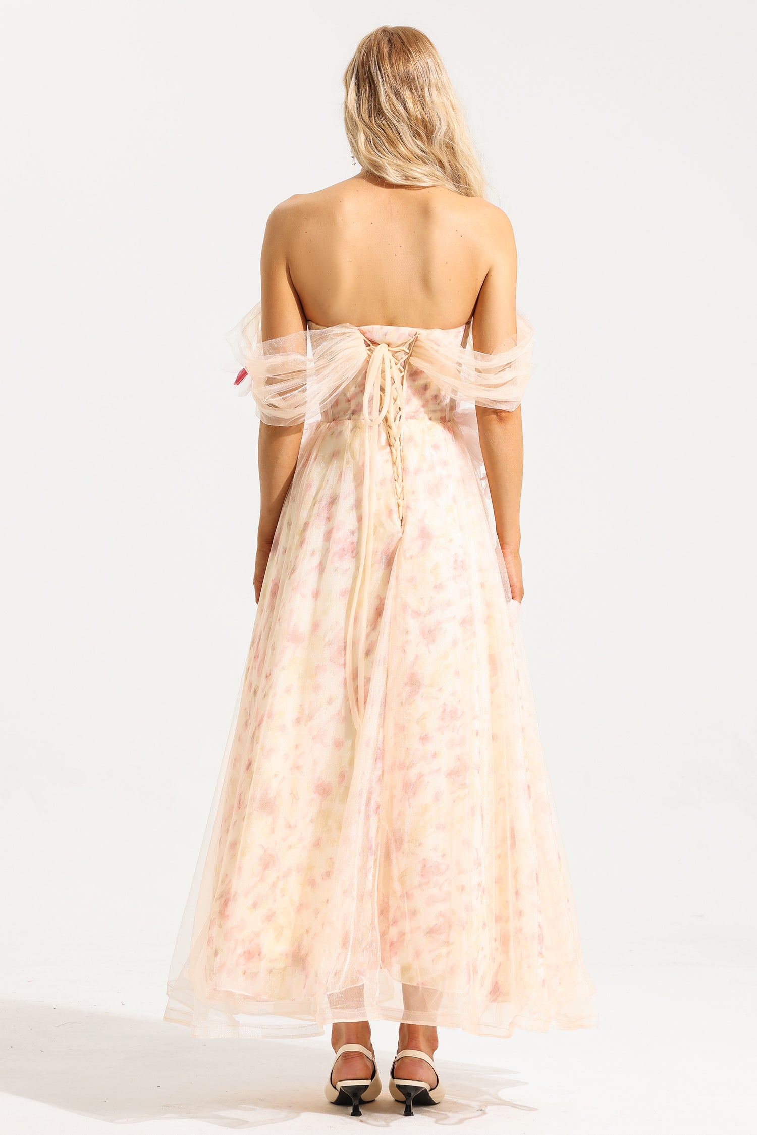 MESH 3D FLORAL OFF-SHOULDER MIDI DRESS