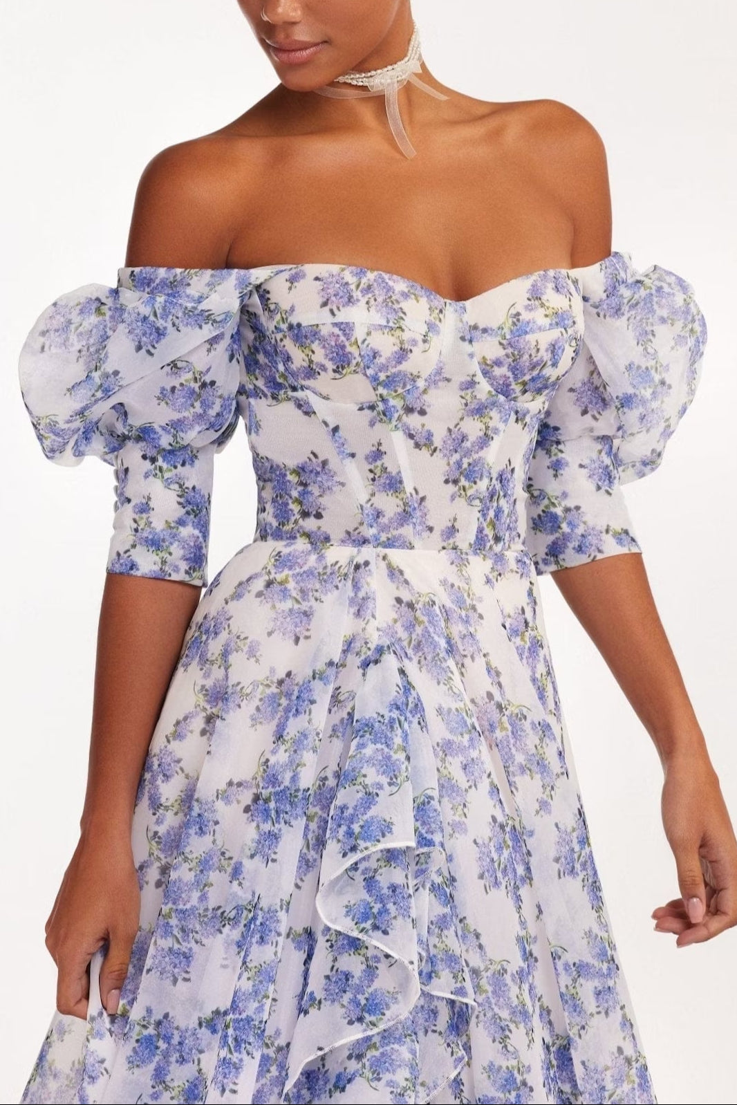 BLUE HYDRANGEA MAXI PRINCESS DRESS, A-LINE, WEDDING GUEST