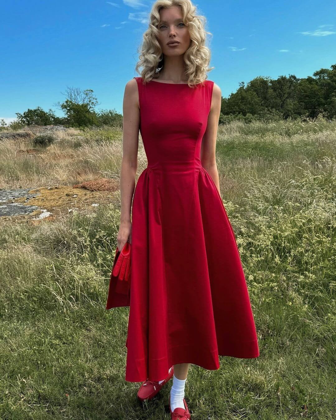 STRETCH COTTON SATEEN MIDI DRESS RED