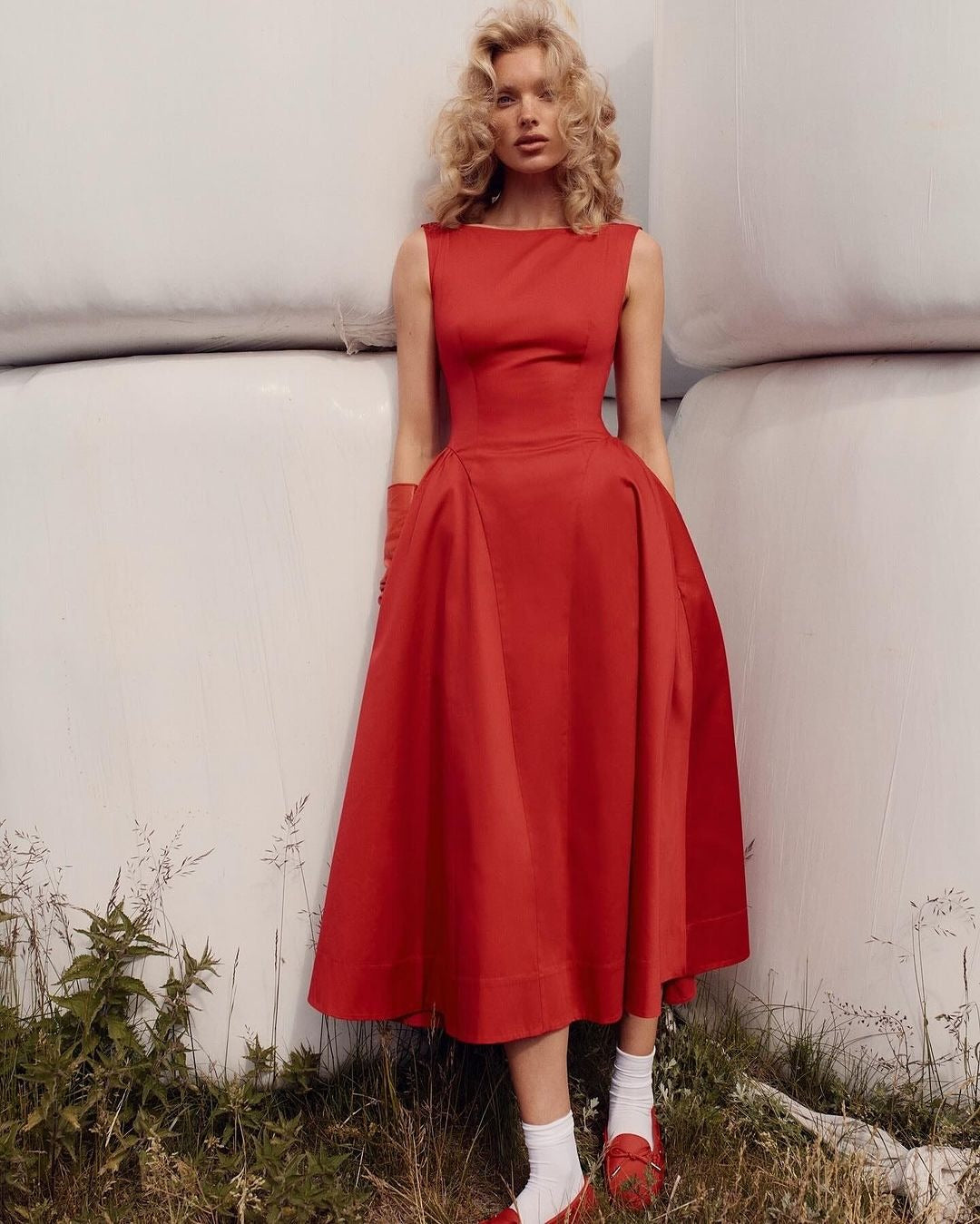STRETCH COTTON SATEEN MIDI DRESS RED