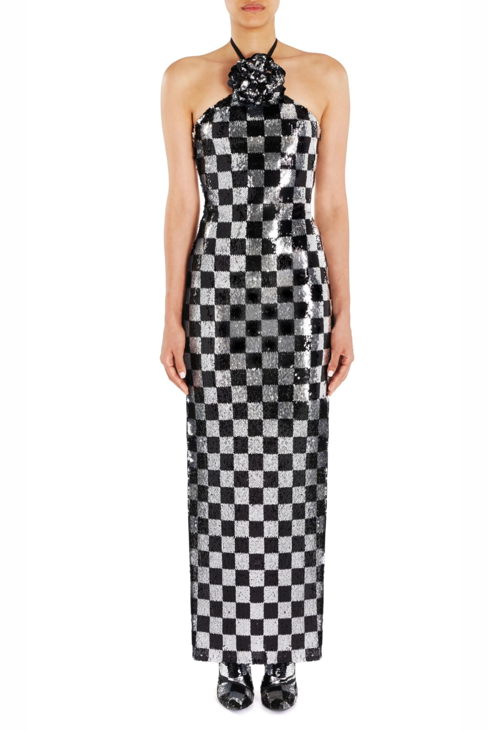 172_d07639c9-cca5-4d53-a80b-5b92aa2dc19e CHECKERBOARD SEQUIN HALTER FLOWER GOWN
