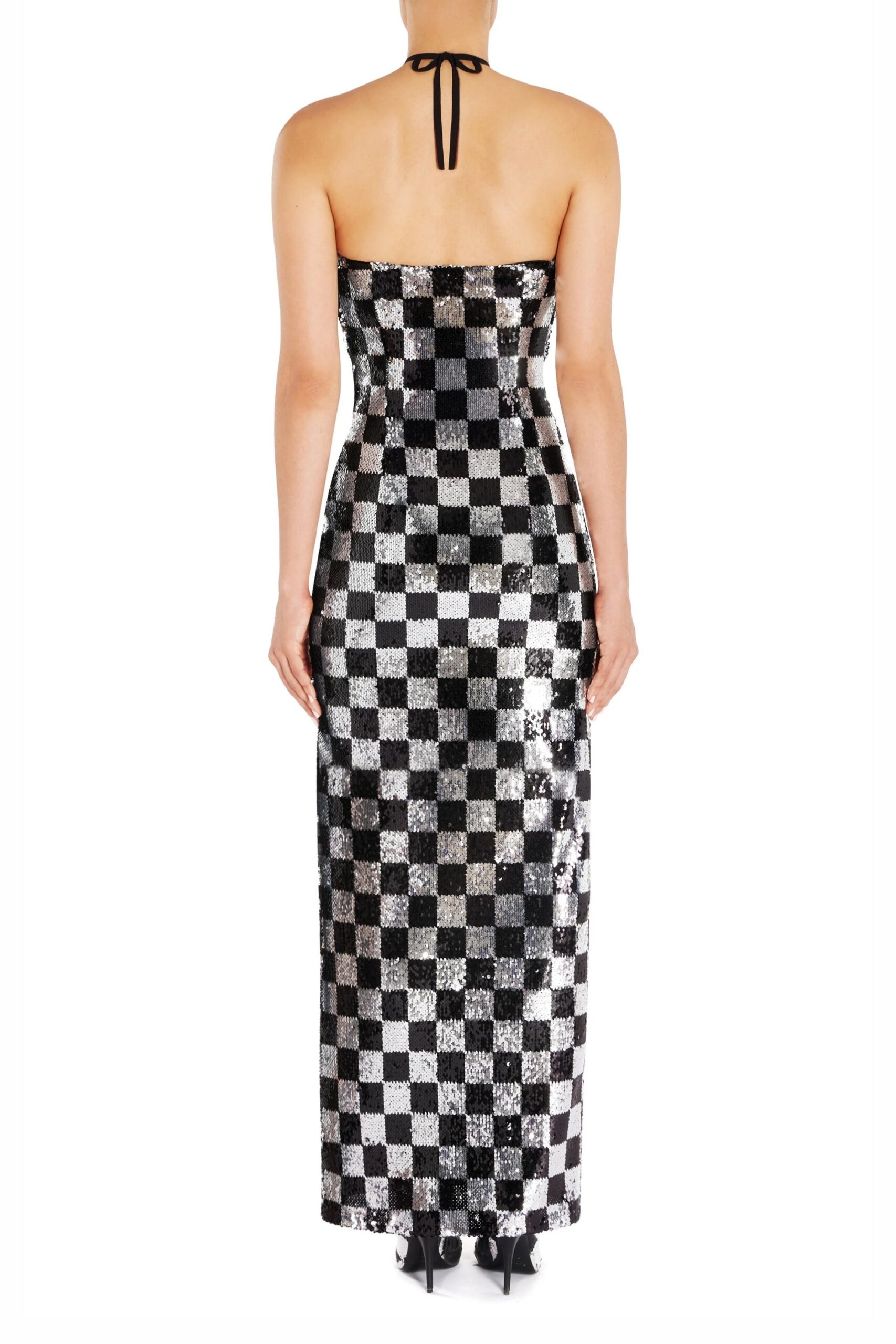 CHECKERBOARD SEQUIN HALTER FLOWER GOWN