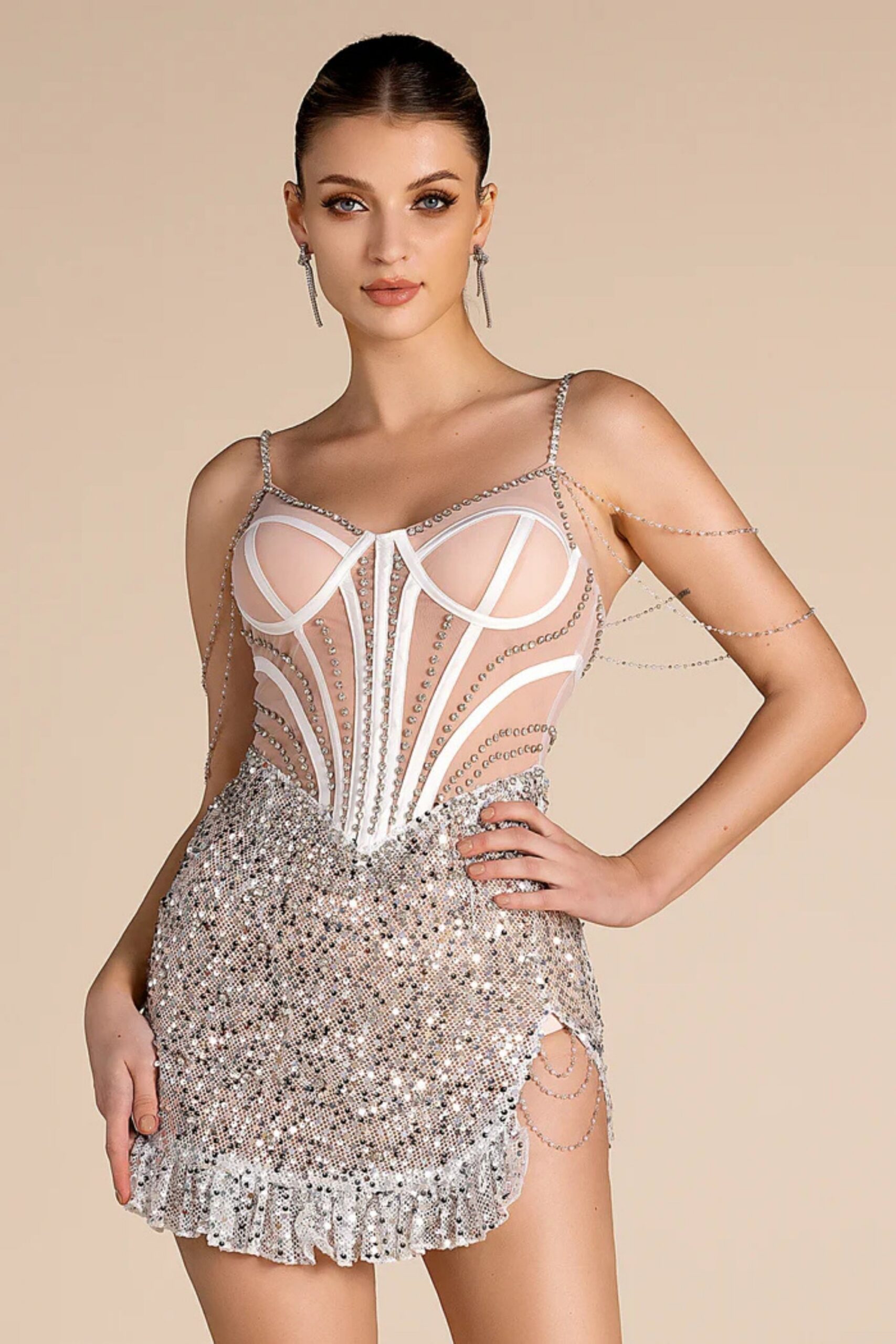 SEQUIN RHINESTONE SHOULDER CHAIN DRESS FOR PARTY