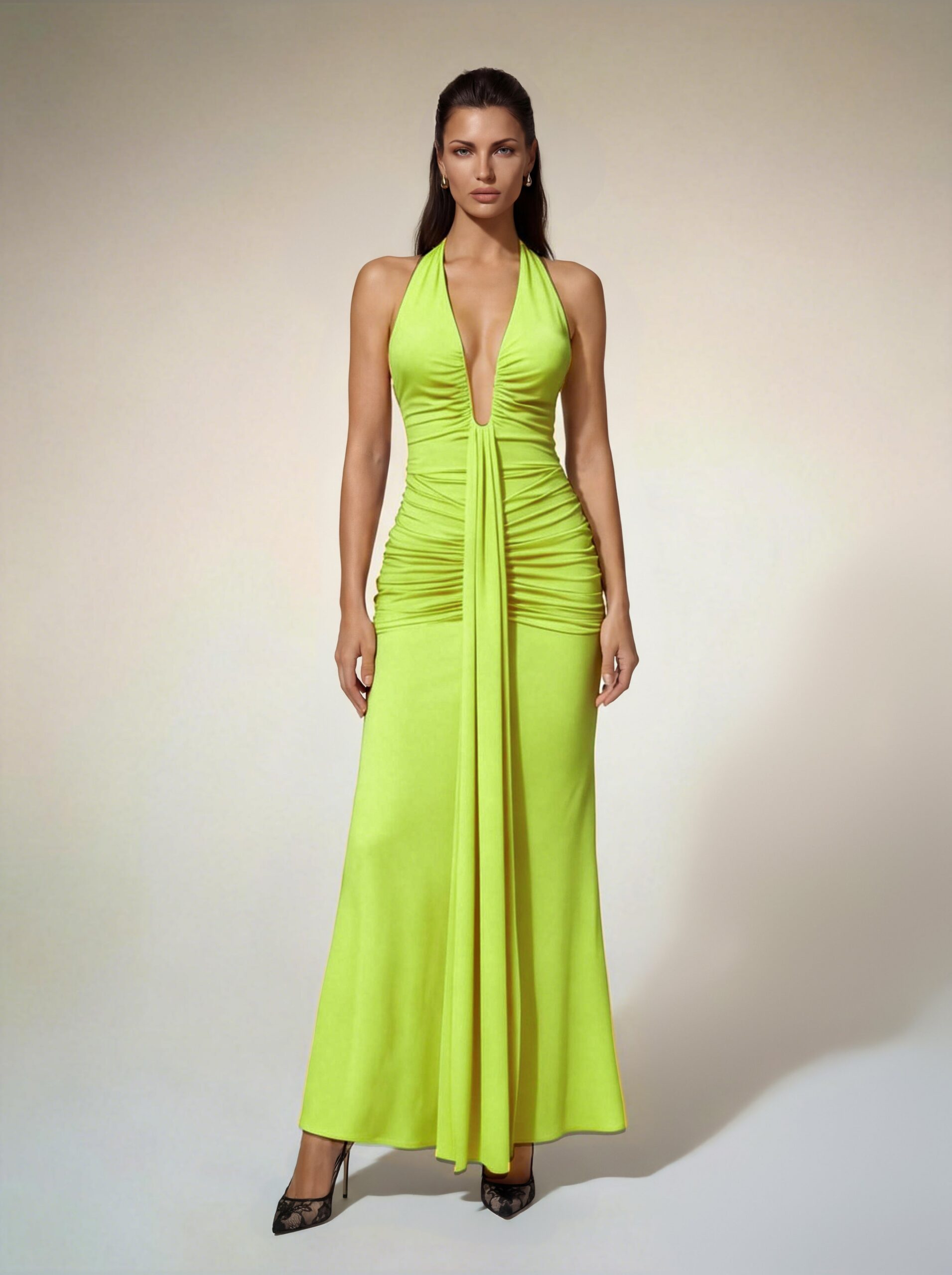 ALYSHEA NEON YELLOW HALTER RUCHED MAXI DRESS