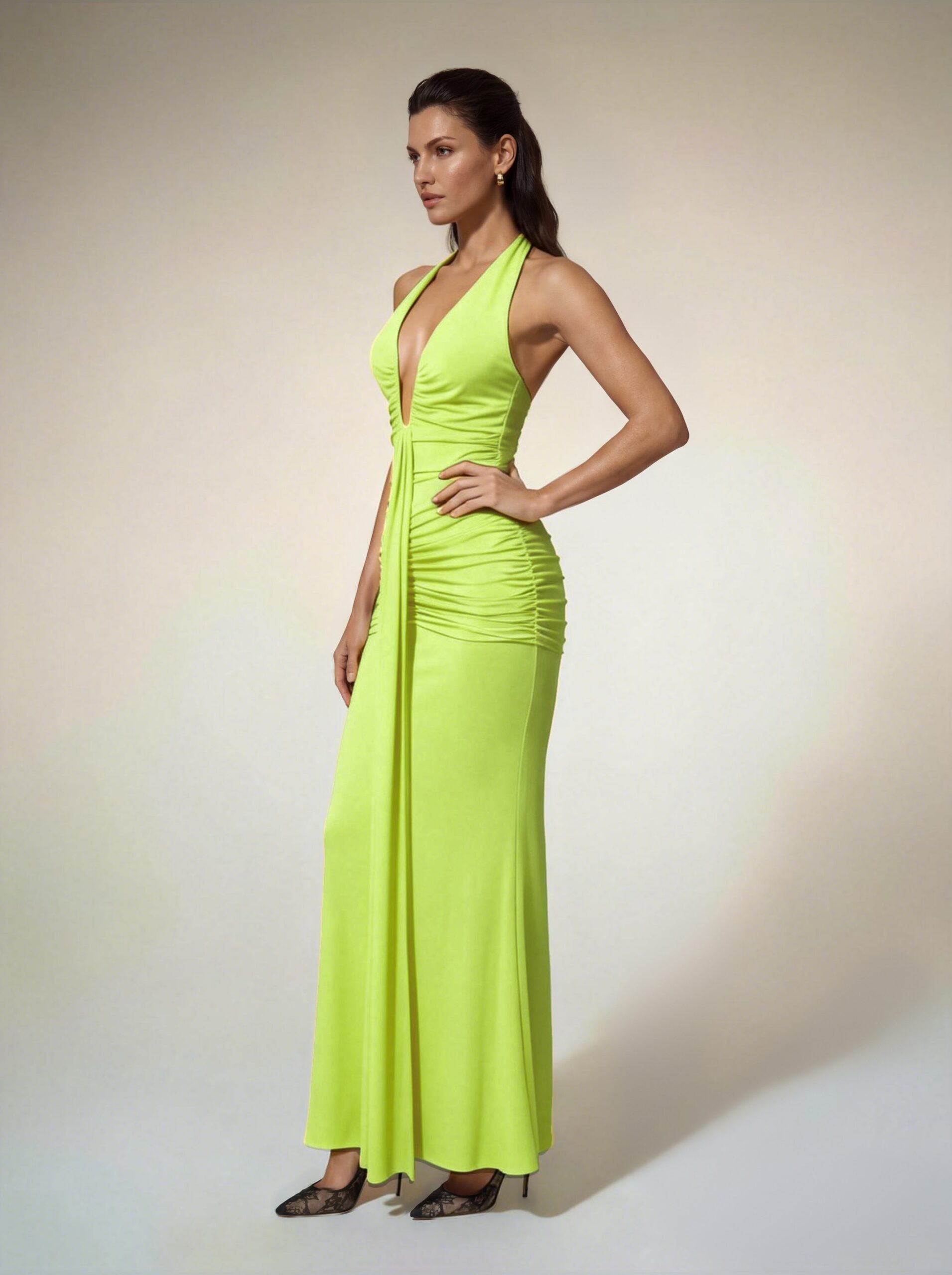 ALYSHEA NEON YELLOW HALTER RUCHED MAXI DRESS